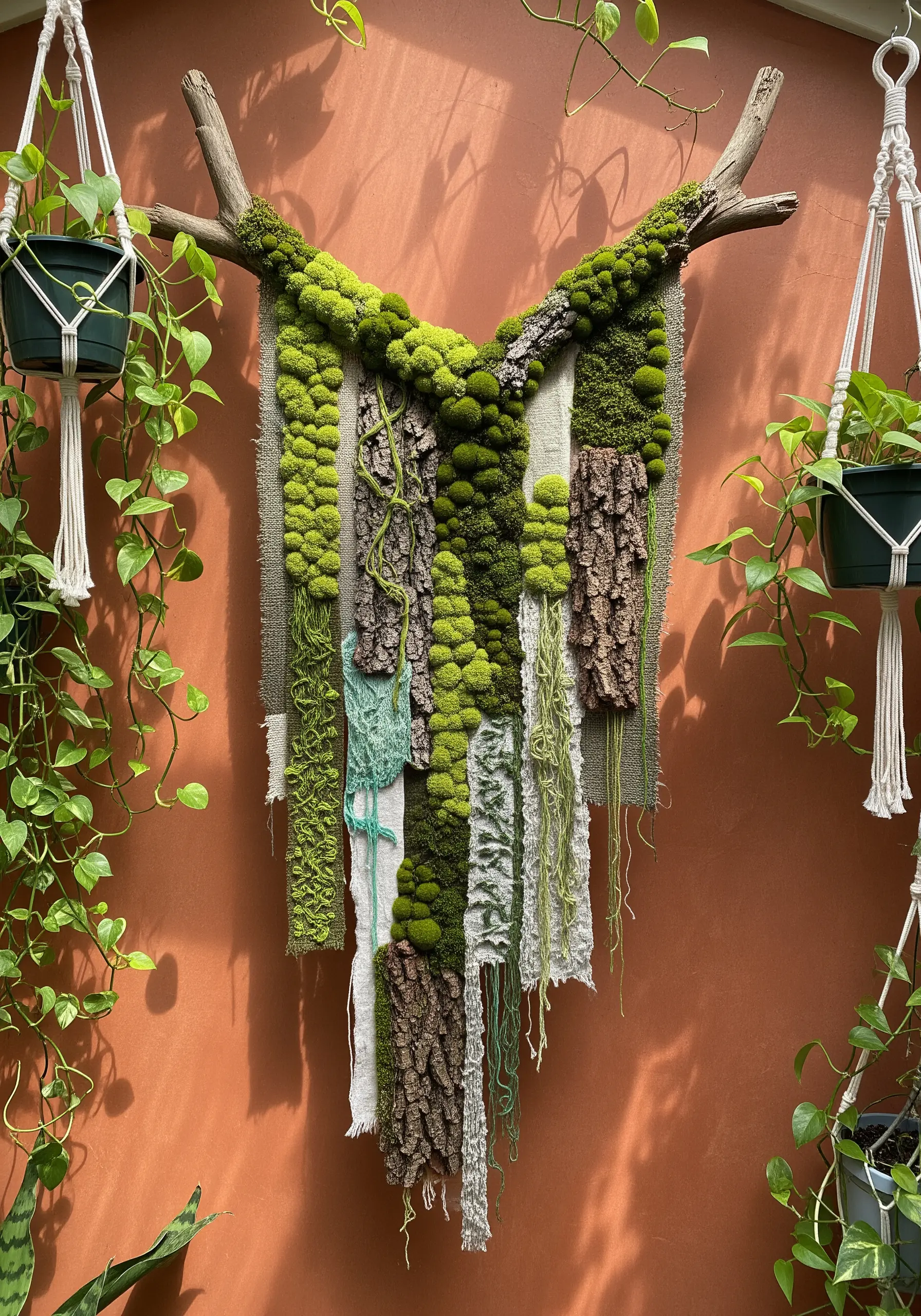 A wall hanging on a tree branch combining moss embroidery, fabric strips, and real bark.
