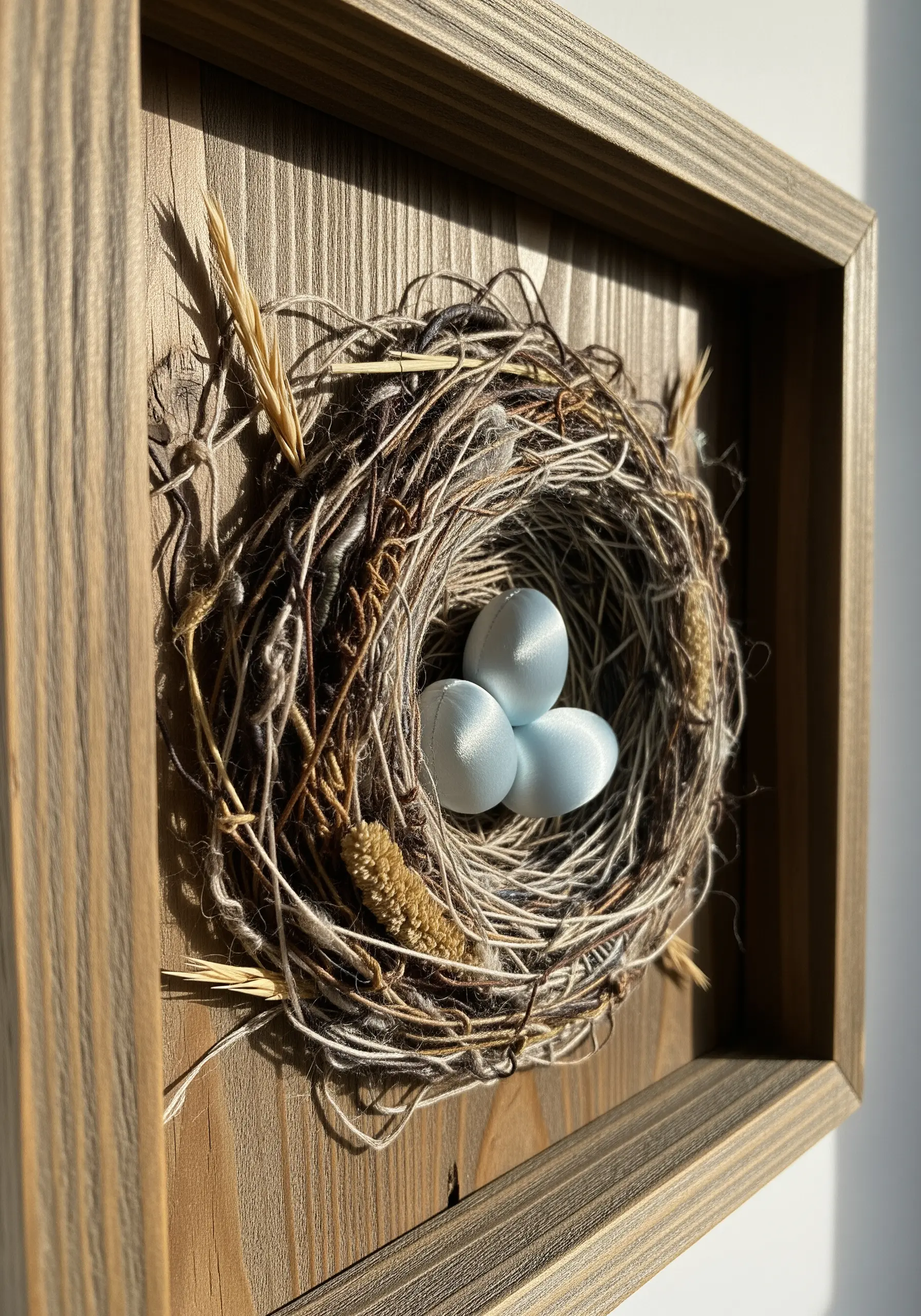 A 3D bird's nest made of thread and twigs, holding three light blue satin-stitched eggs.