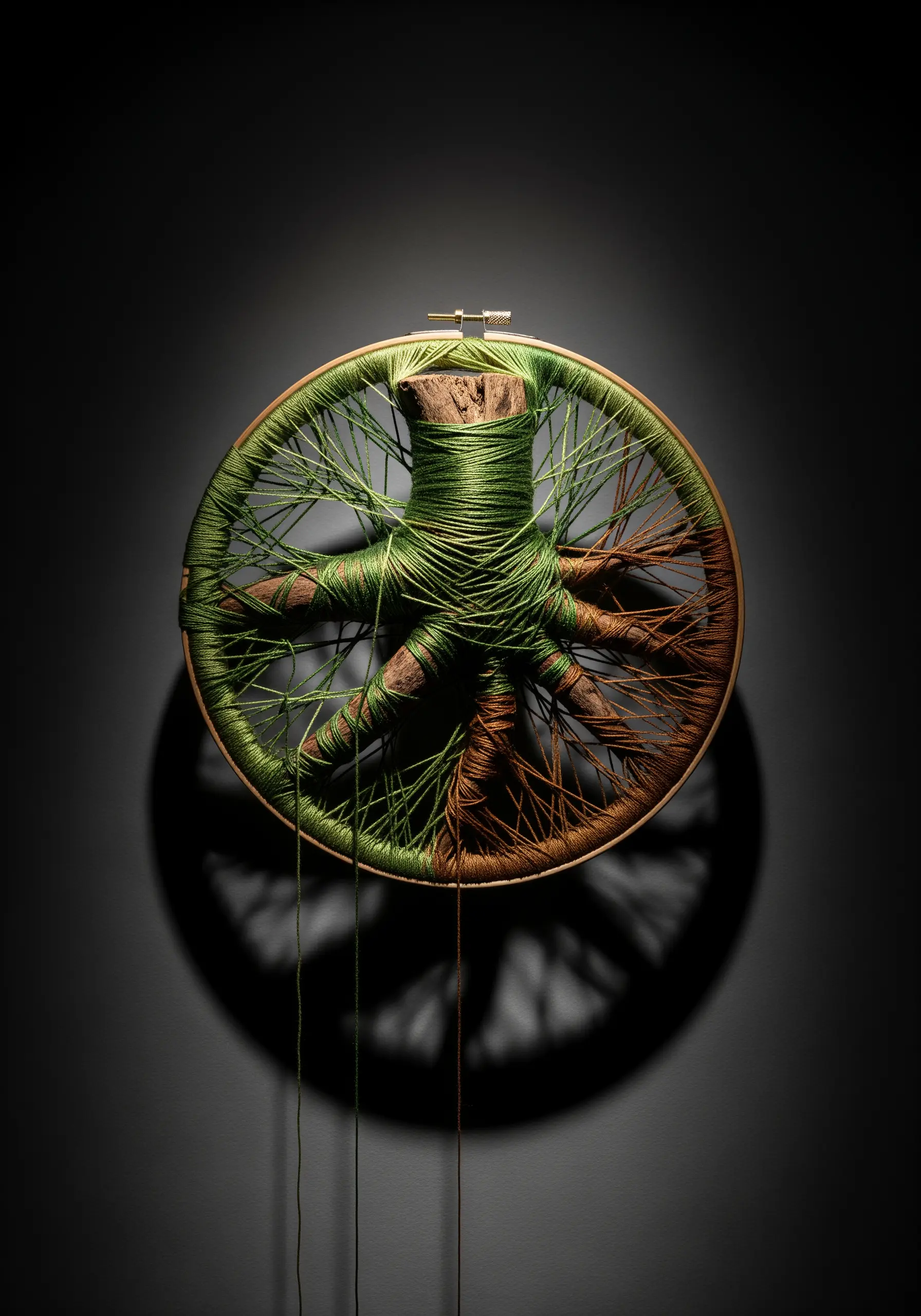 Embroidery hoop art with a real piece of wood at the center, with threads wrapped around it like roots.