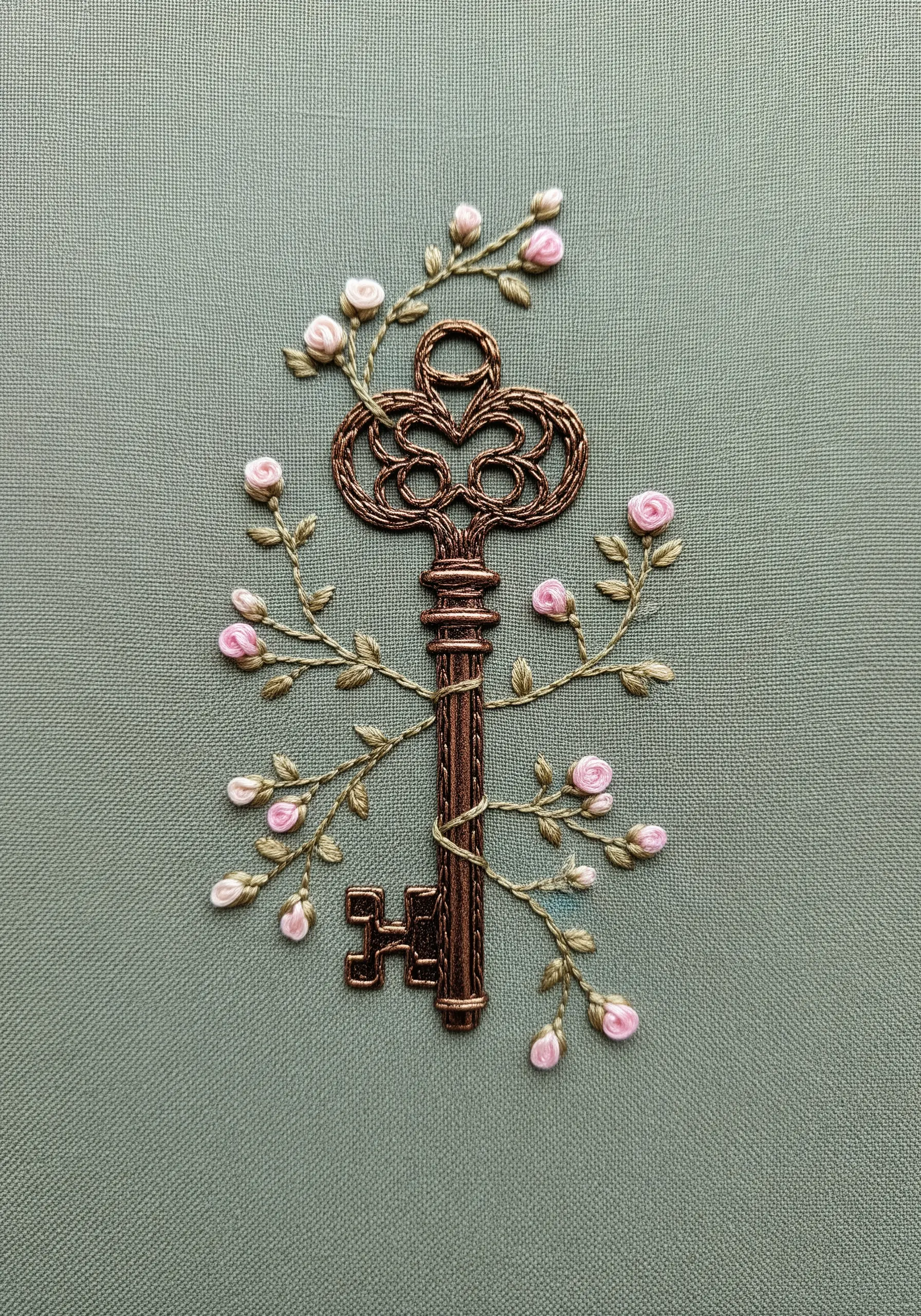 An antique key secured to fabric with embroidery and surrounded by silk ribbon roses.