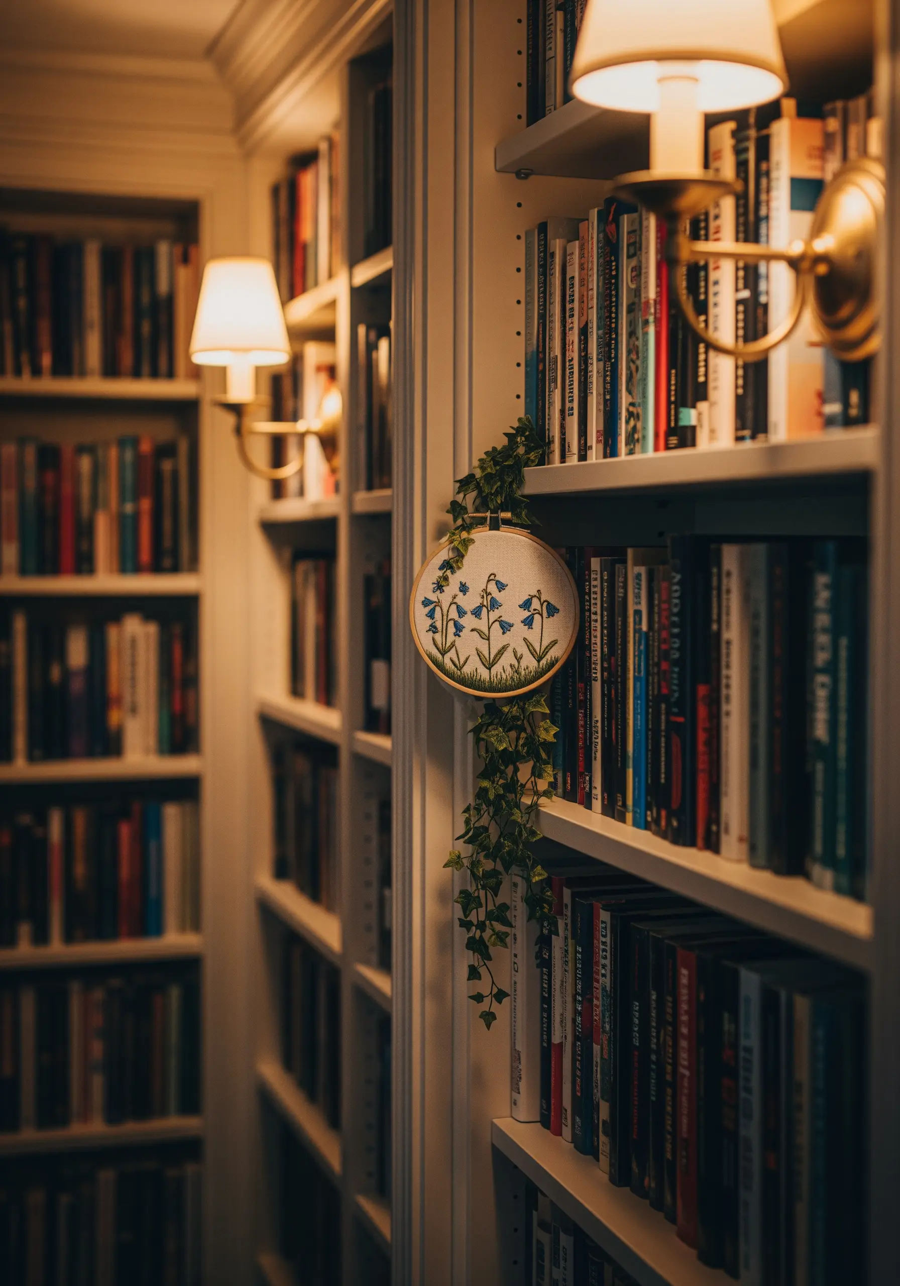 A small floral embroidery hoop tucked into a bookshelf with faux ivy trailing from it.