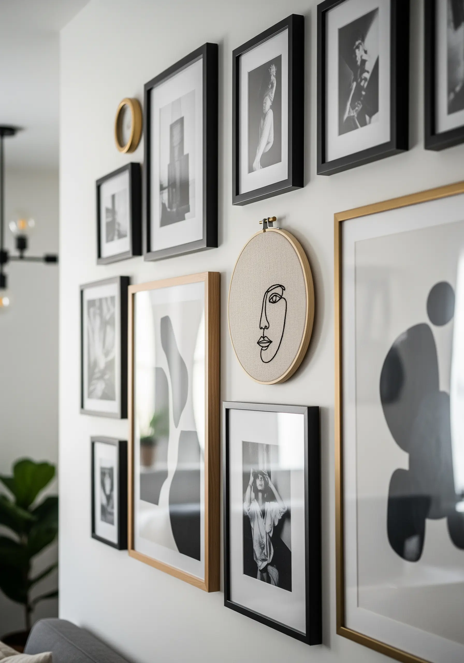 An embroidery hoop with a line-art face integrated into a gallery wall with framed photos.