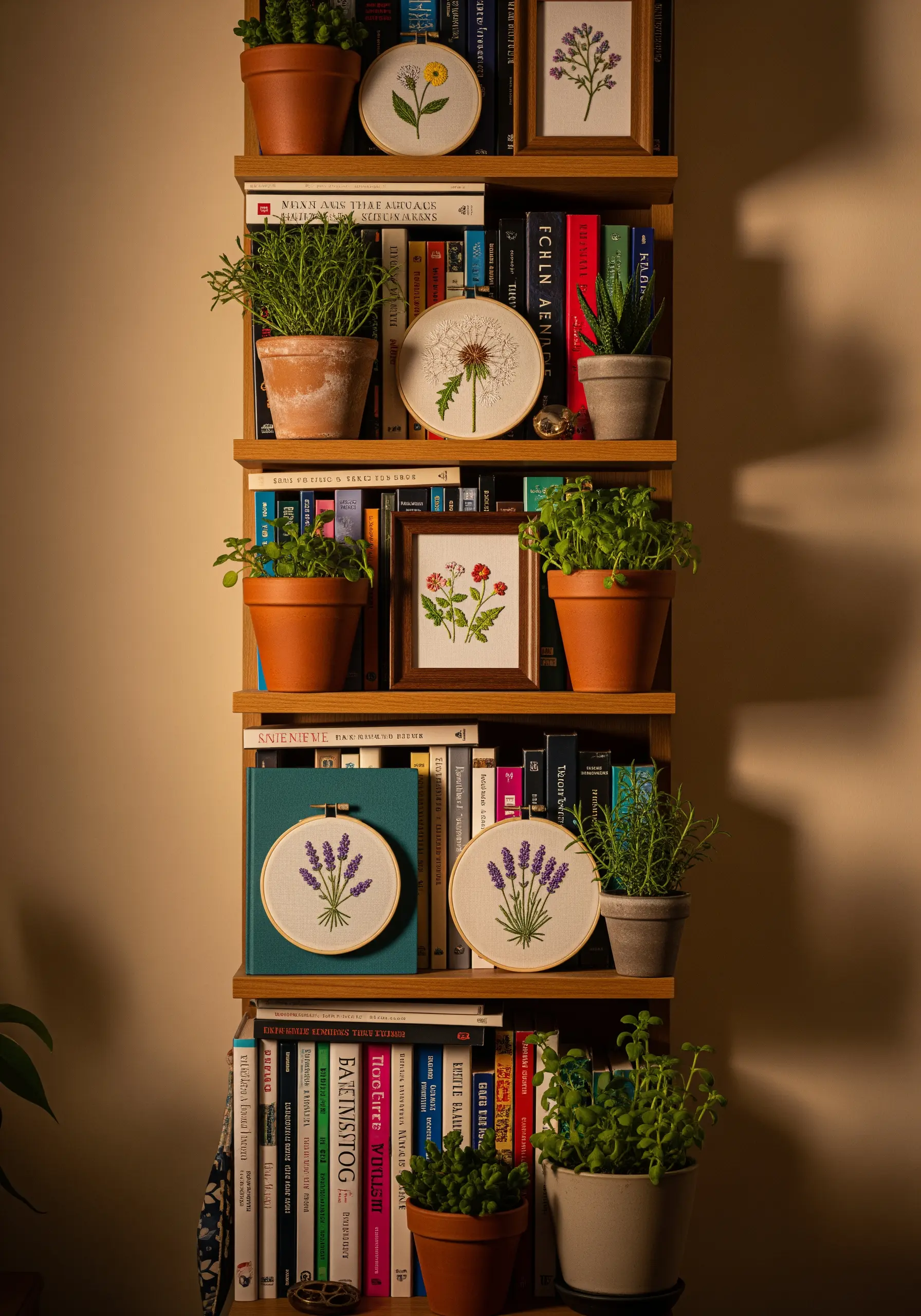 Bookshelf styled with potted plants and several framed and hooped floral embroidery pieces.