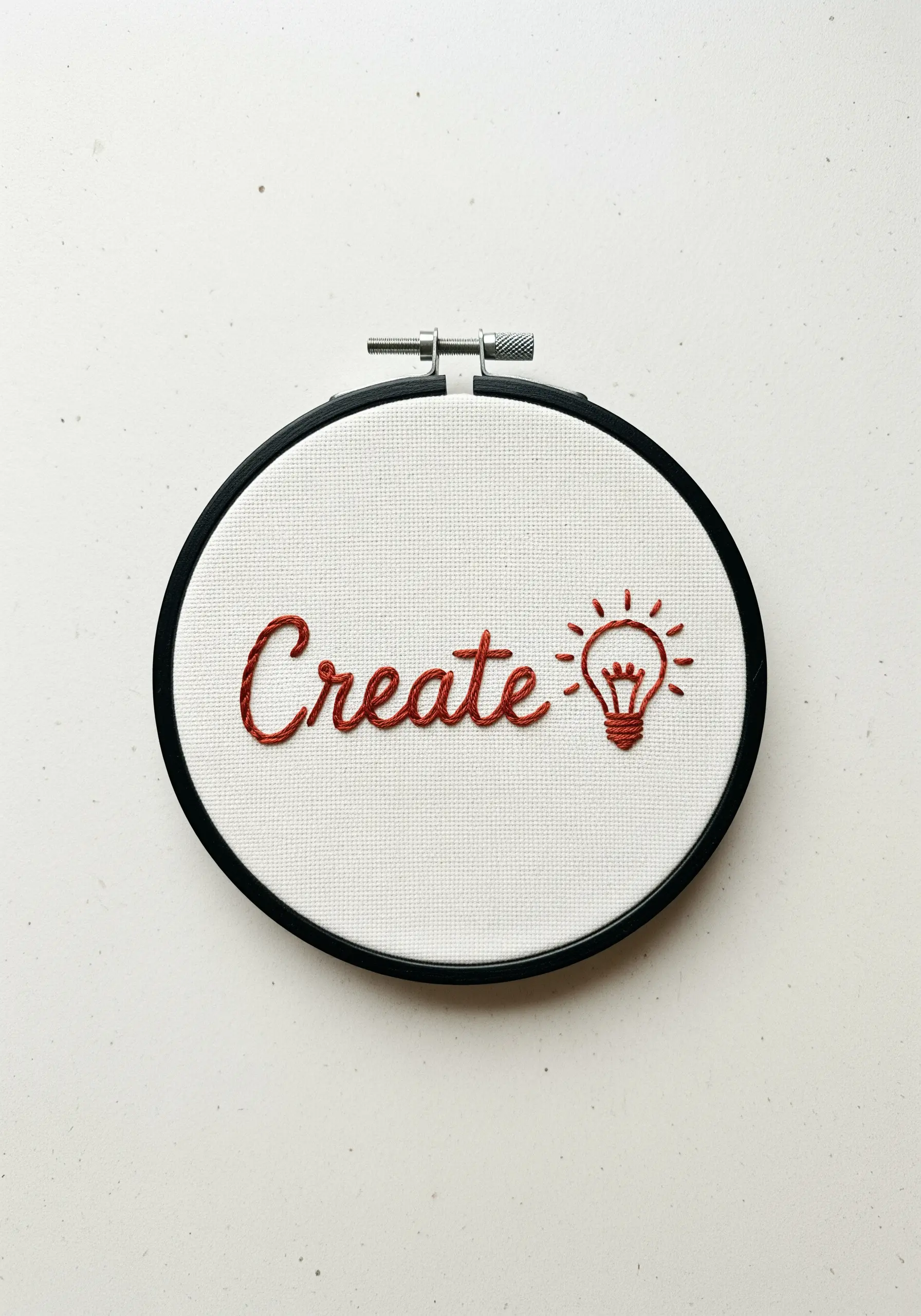 Cursive 'Create' text in red thread, ending in a lightbulb icon.