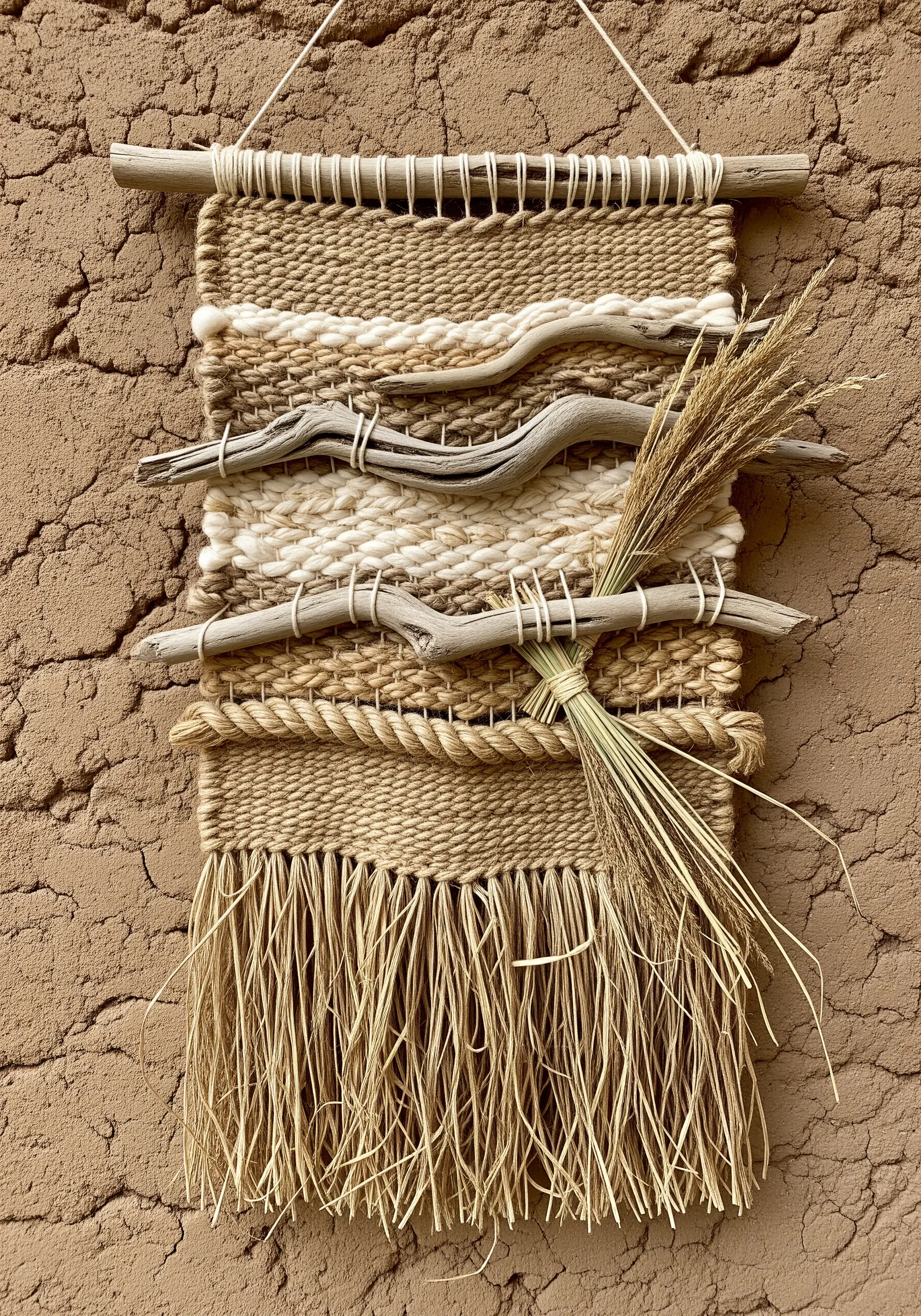 A rustic wall weaving in neutral tones, with pieces of driftwood and dried grasses woven into it.