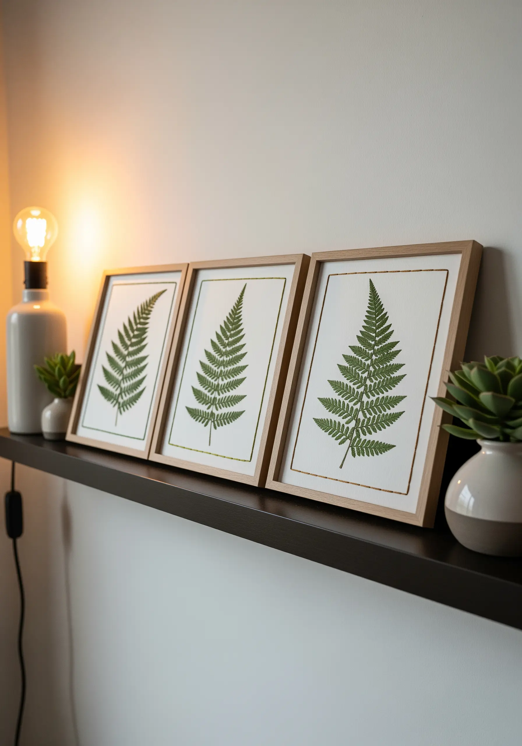 Three framed pieces of art, each featuring a pressed fern with subtle embroidered details.