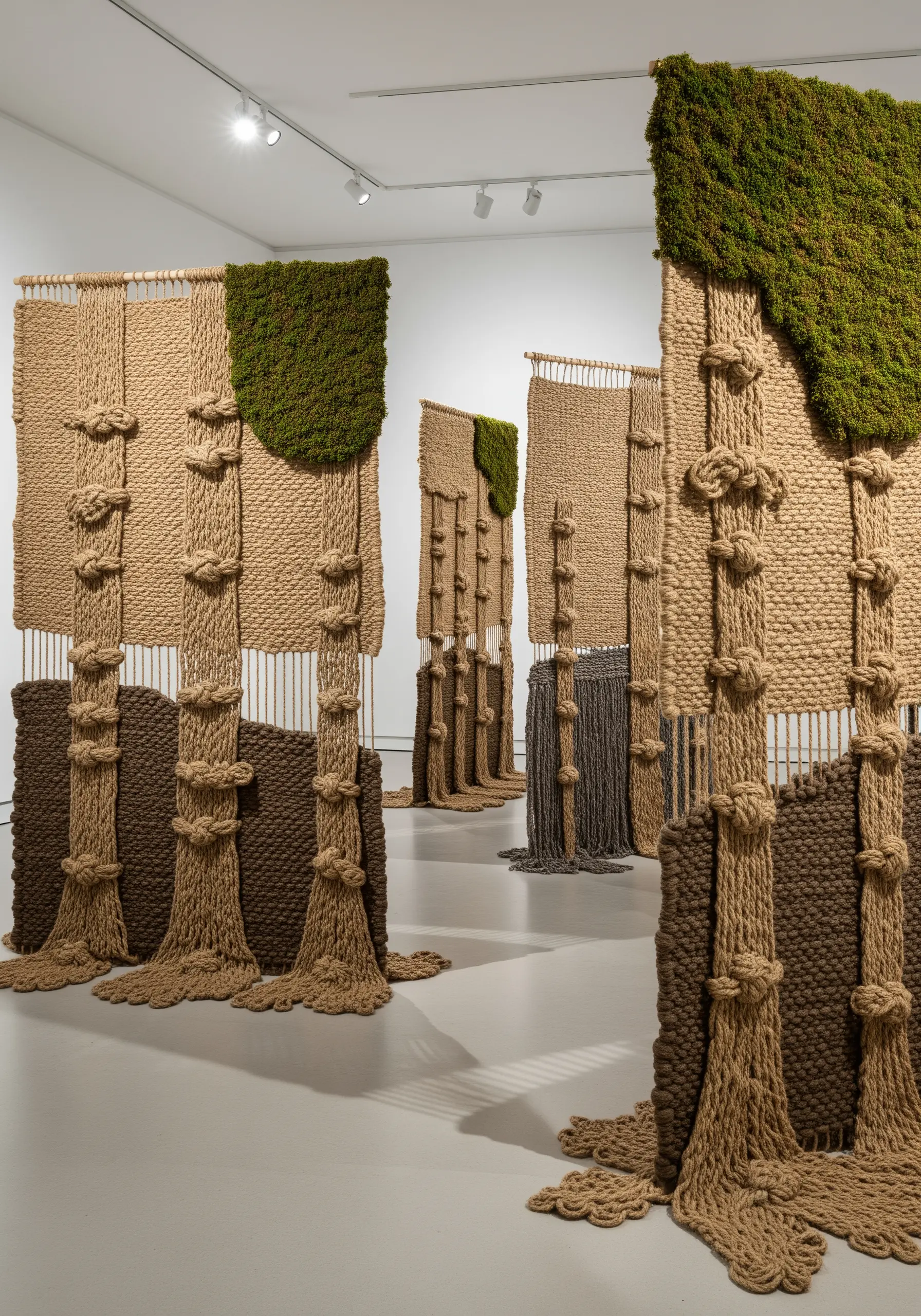 Freestanding woven panels made of thick jute rope with sections of green moss integrated.