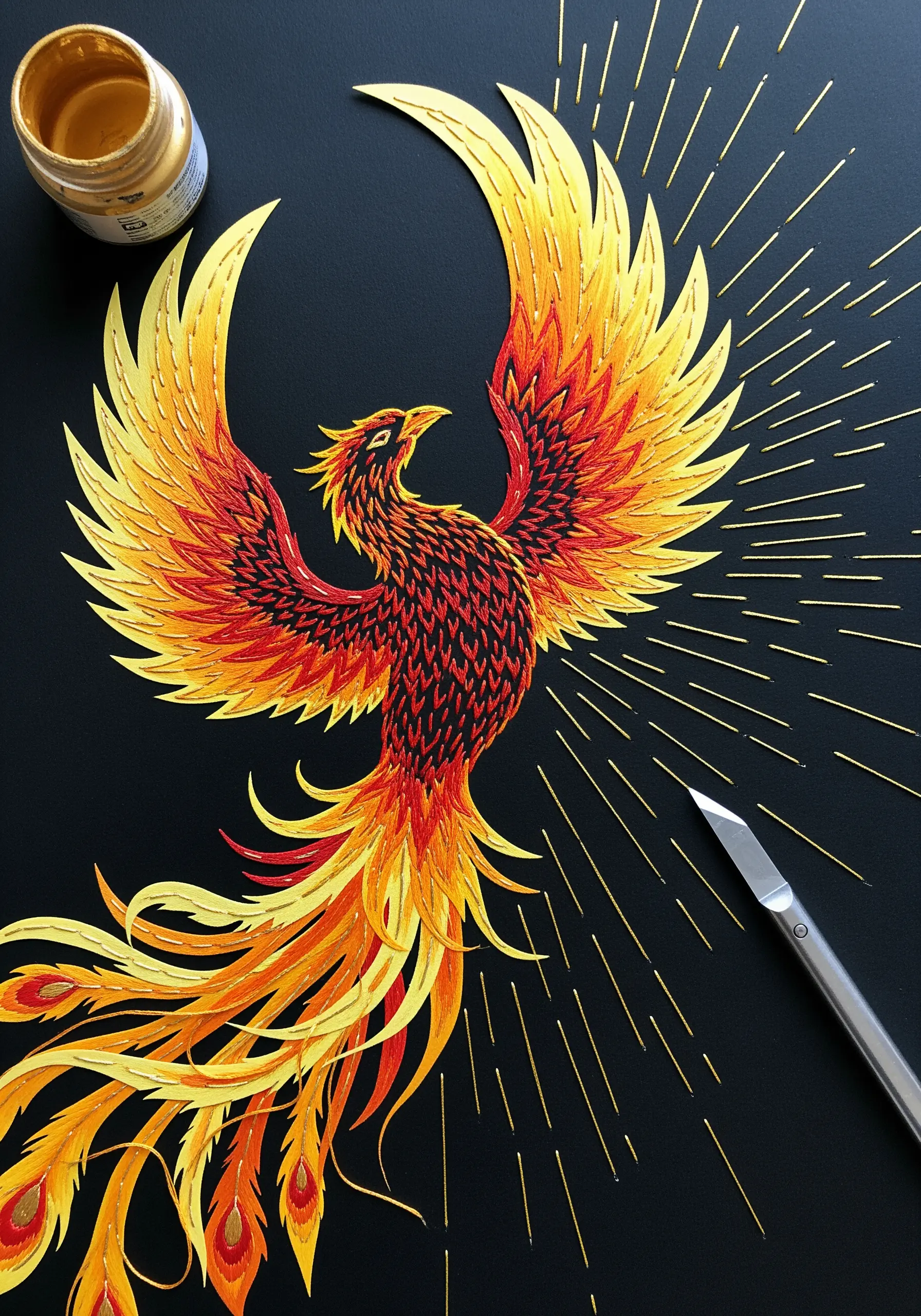 An intricate paper-cut phoenix with feathers detailed in red and yellow thread.