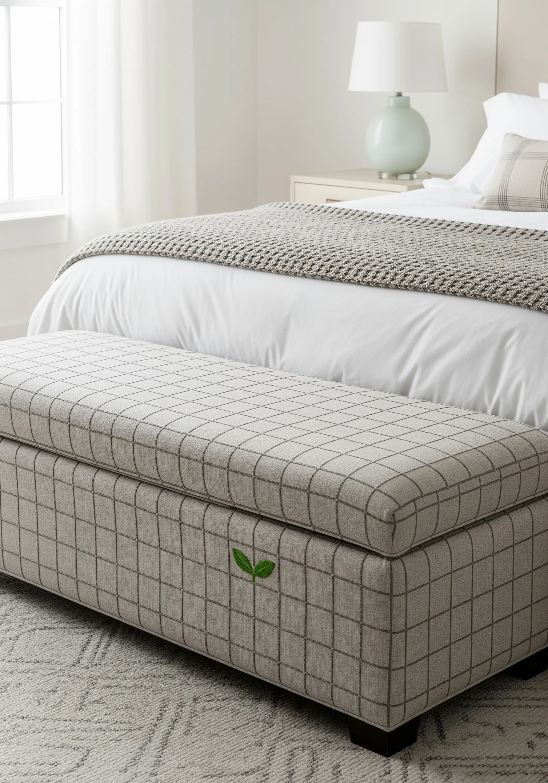 A subtle gray grid pattern stitched onto a light gray upholstered storage bench.