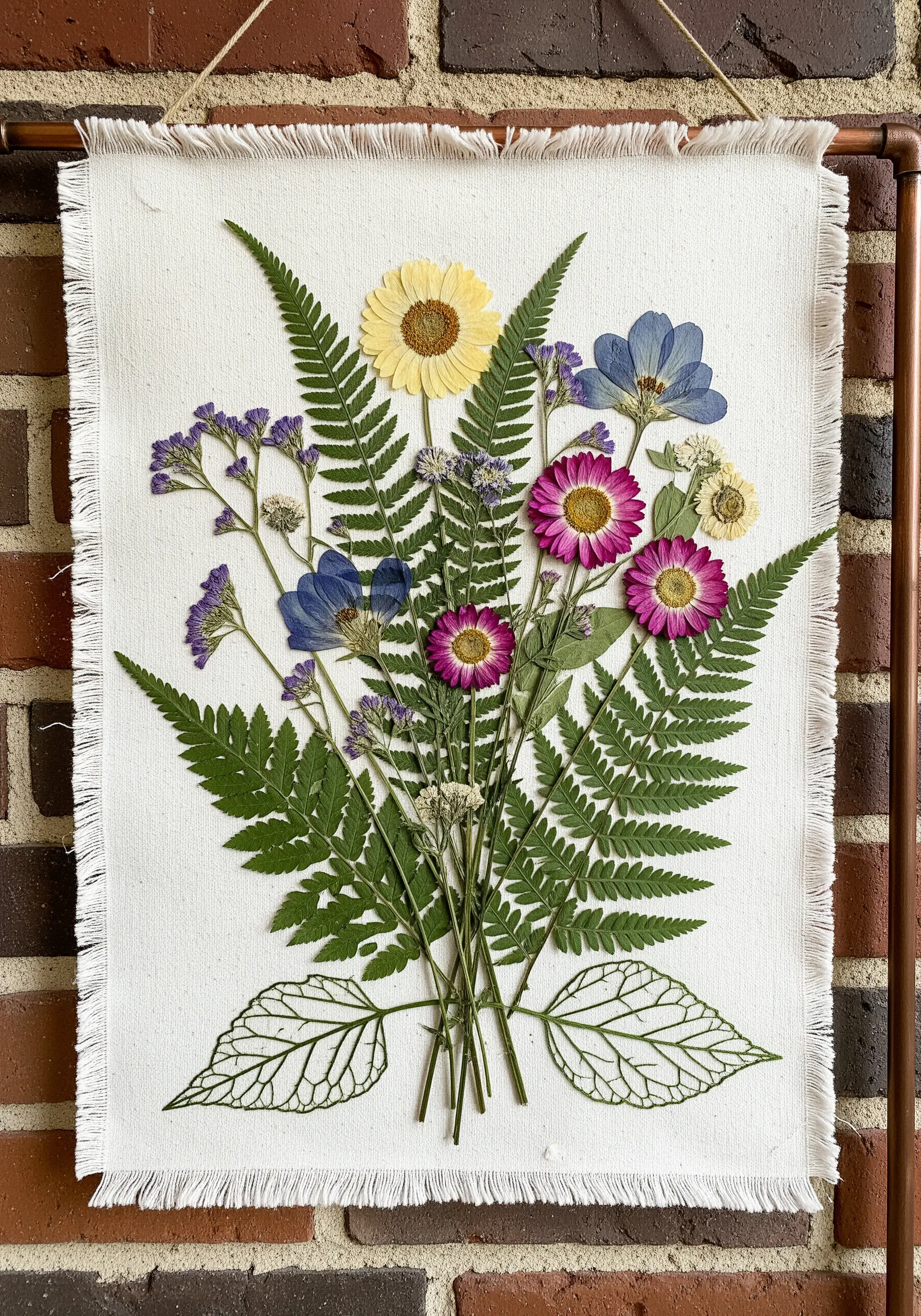 A bouquet of real pressed flowers and ferns on canvas, accented with minimal leaf embroidery.