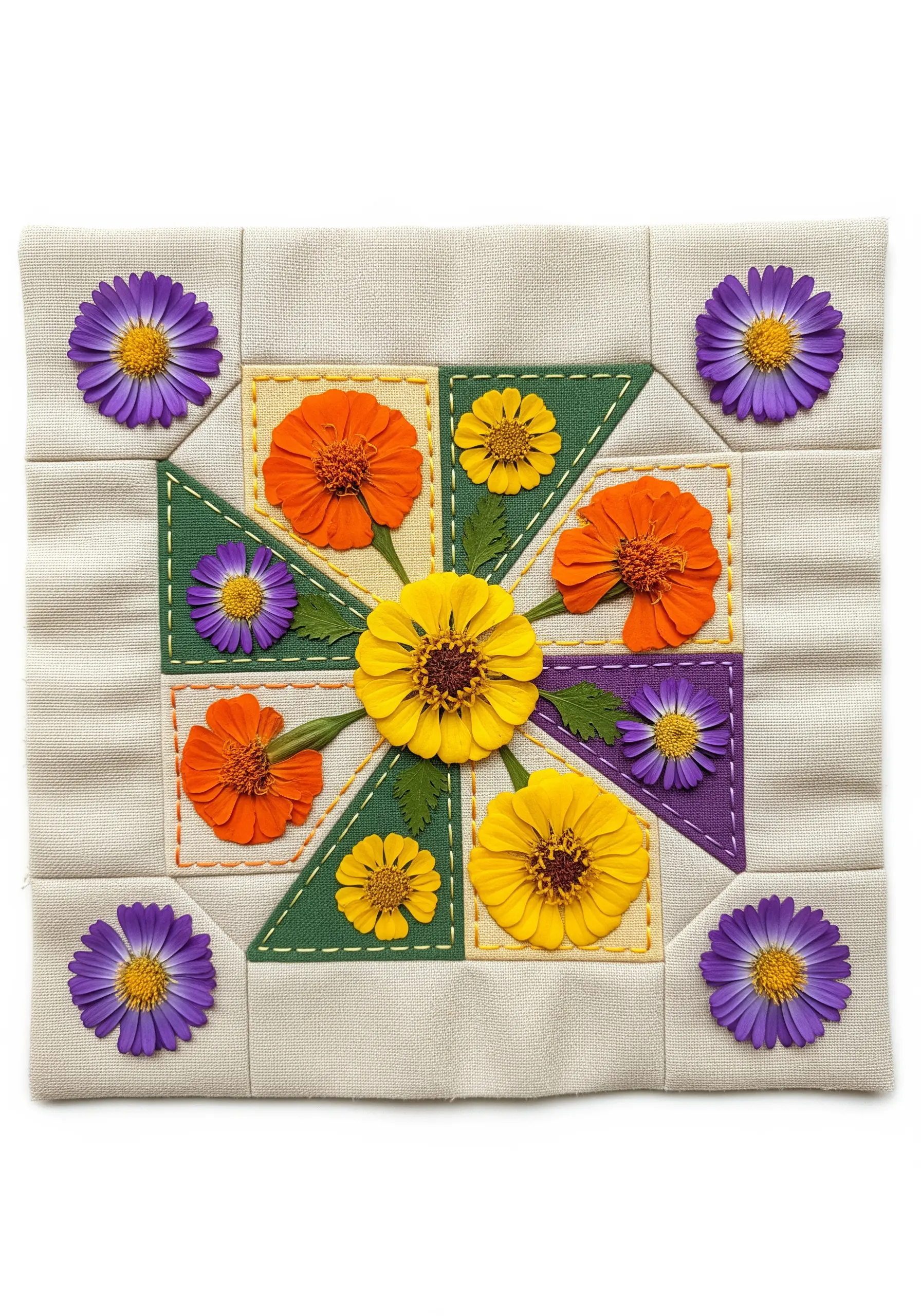 Quilt block with patchwork squares, triangles, and pressed flowers like zinnias and asters.