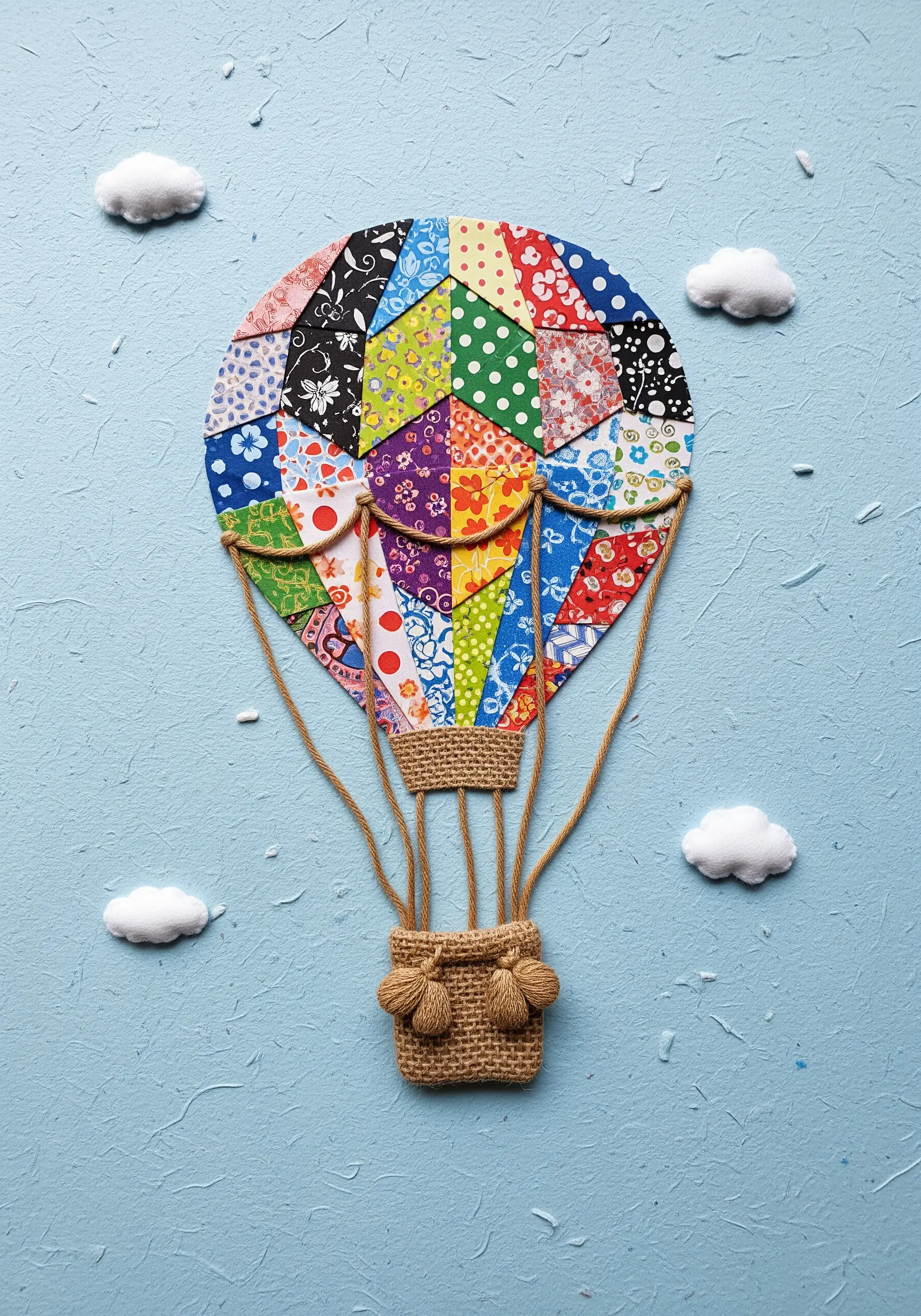 A hot air balloon collage with a basket and ropes made from real twine stitched onto paper.