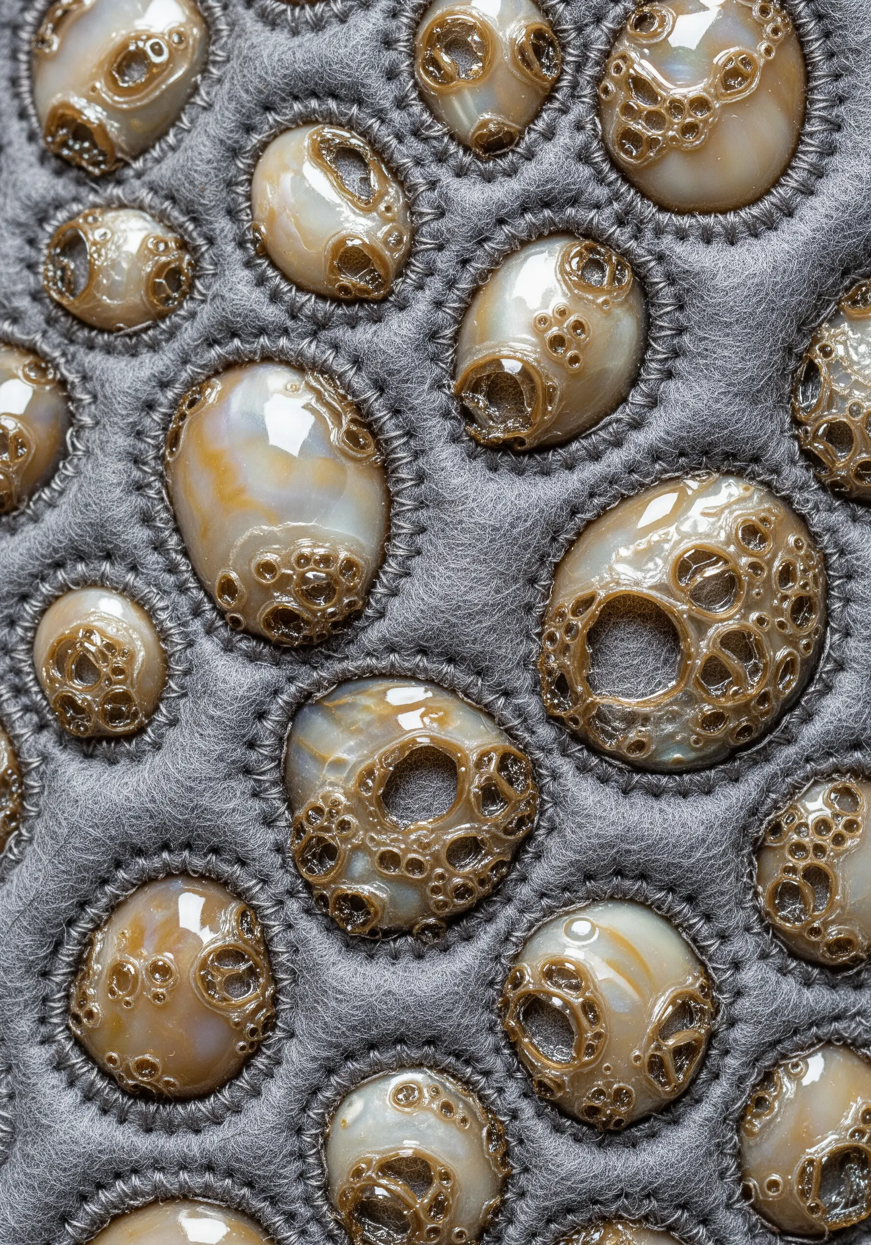 Pearlescent, barnacle-like sculptural elements stitched onto gray felt.