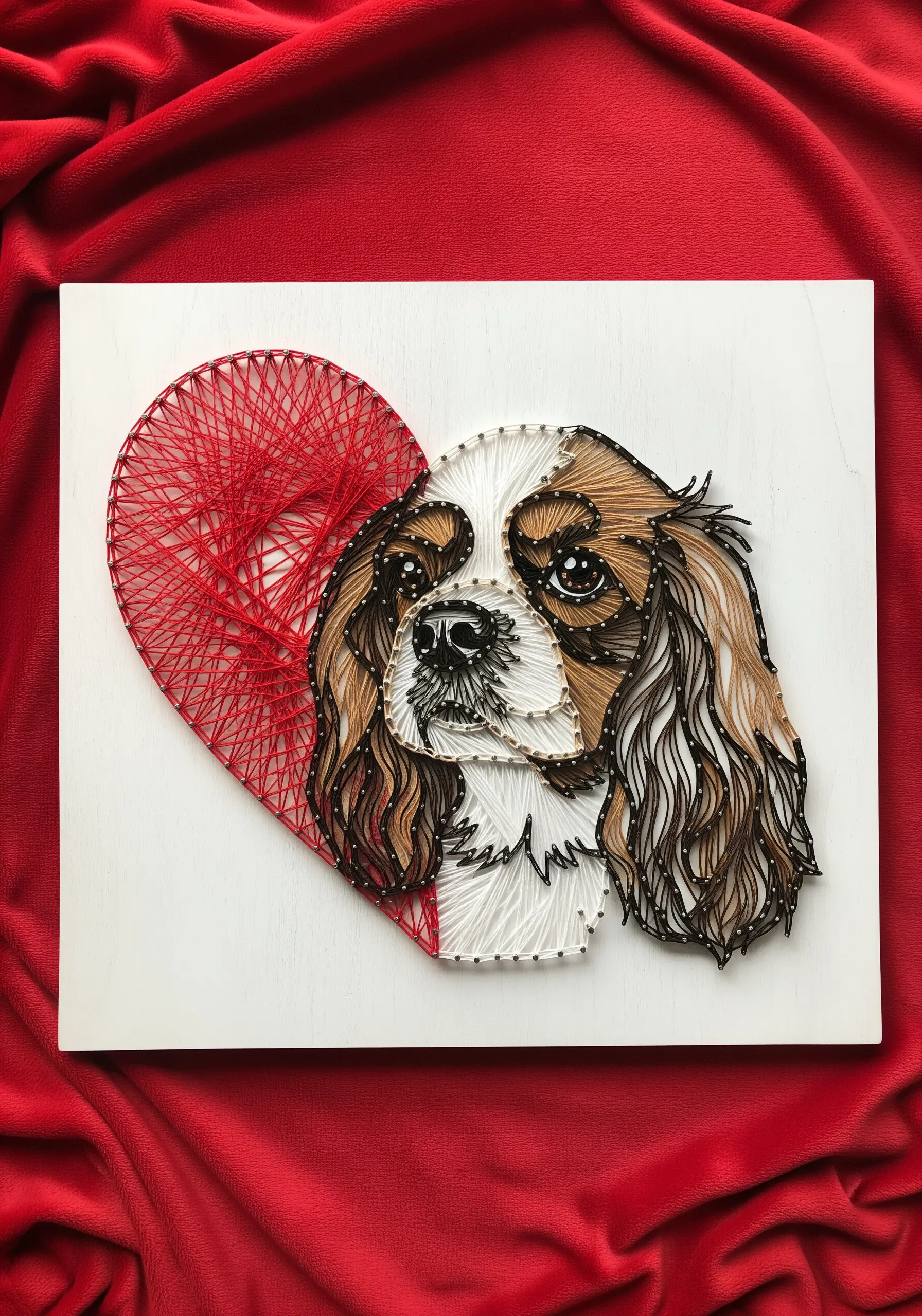 String art of a Cavalier King Charles Spaniel combined with a large red heart.