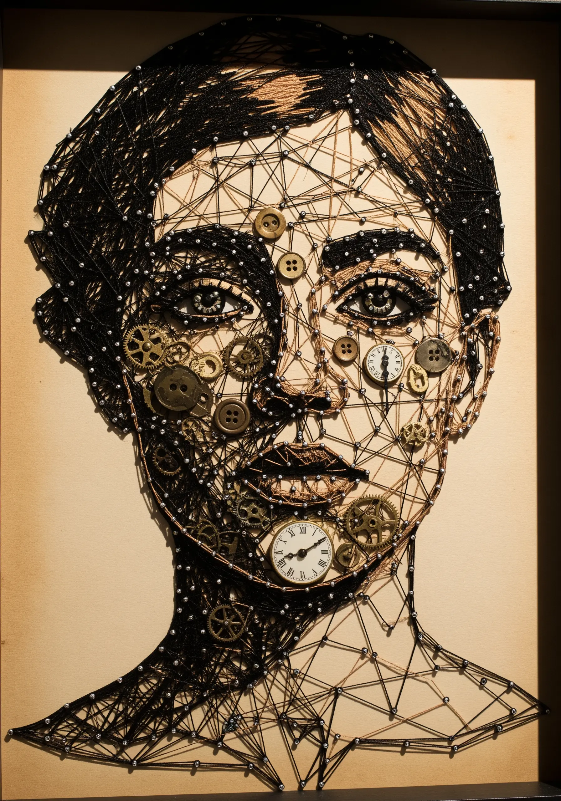 A steampunk-inspired string art portrait incorporating vintage watch gears, clocks, and buttons.