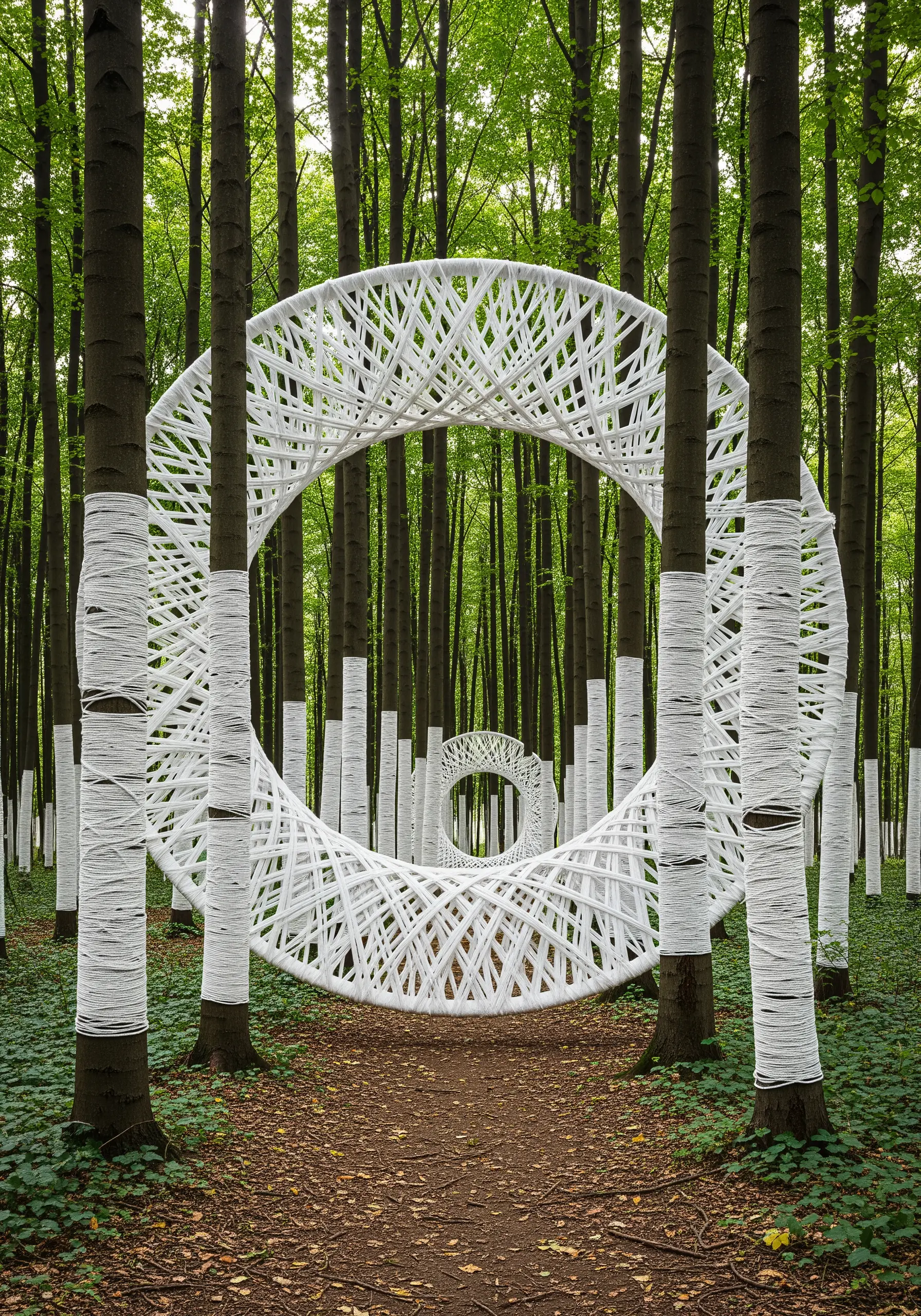 Trees in a forest are wrapped in white yarn, with large circular yarn sculptures between them.