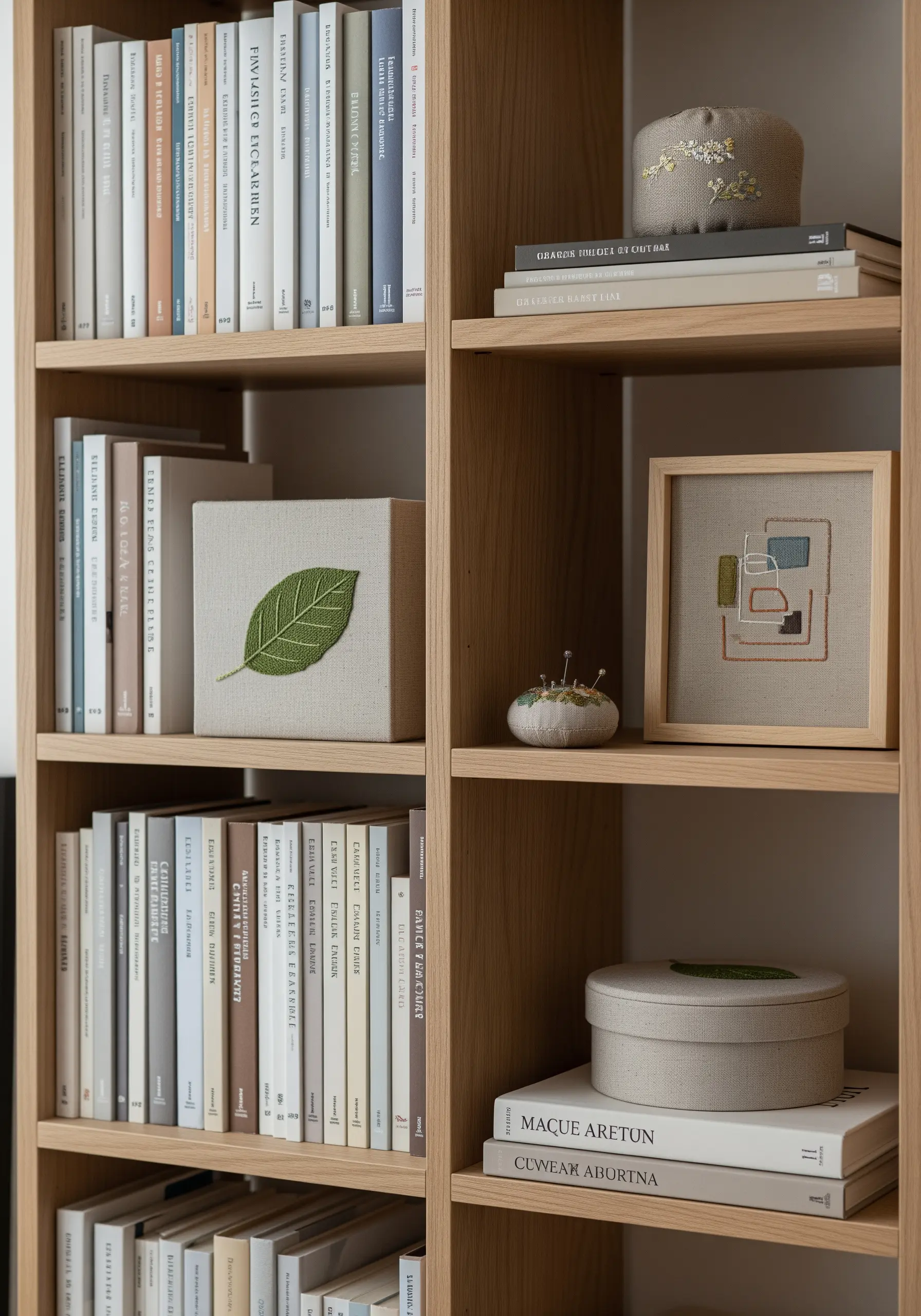 An embroidered leaf on a canvas block and a framed abstract piece styled on a bookshelf.