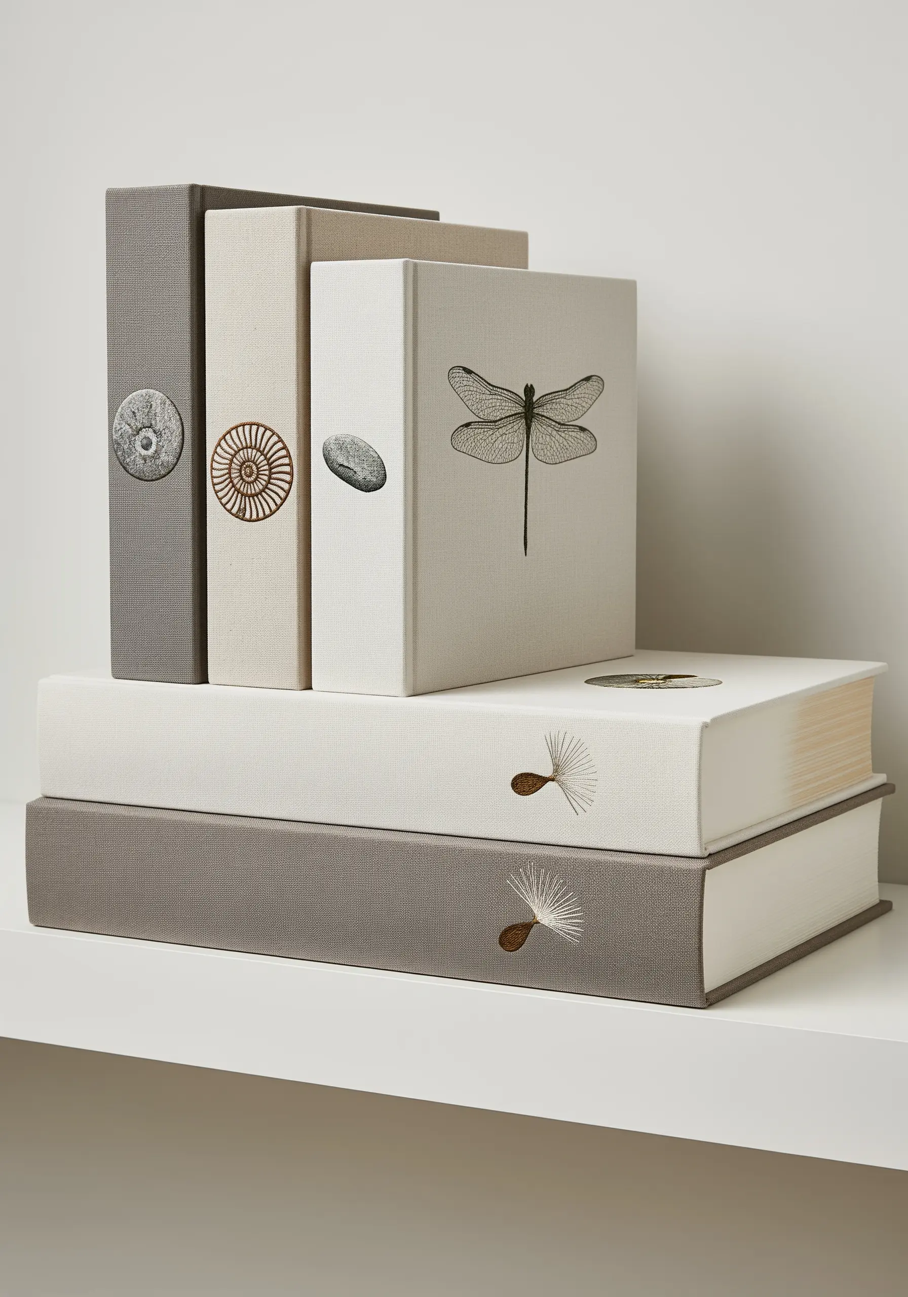 A stack of neutral-toned books with tiny, detailed embroidery motifs on the spines.