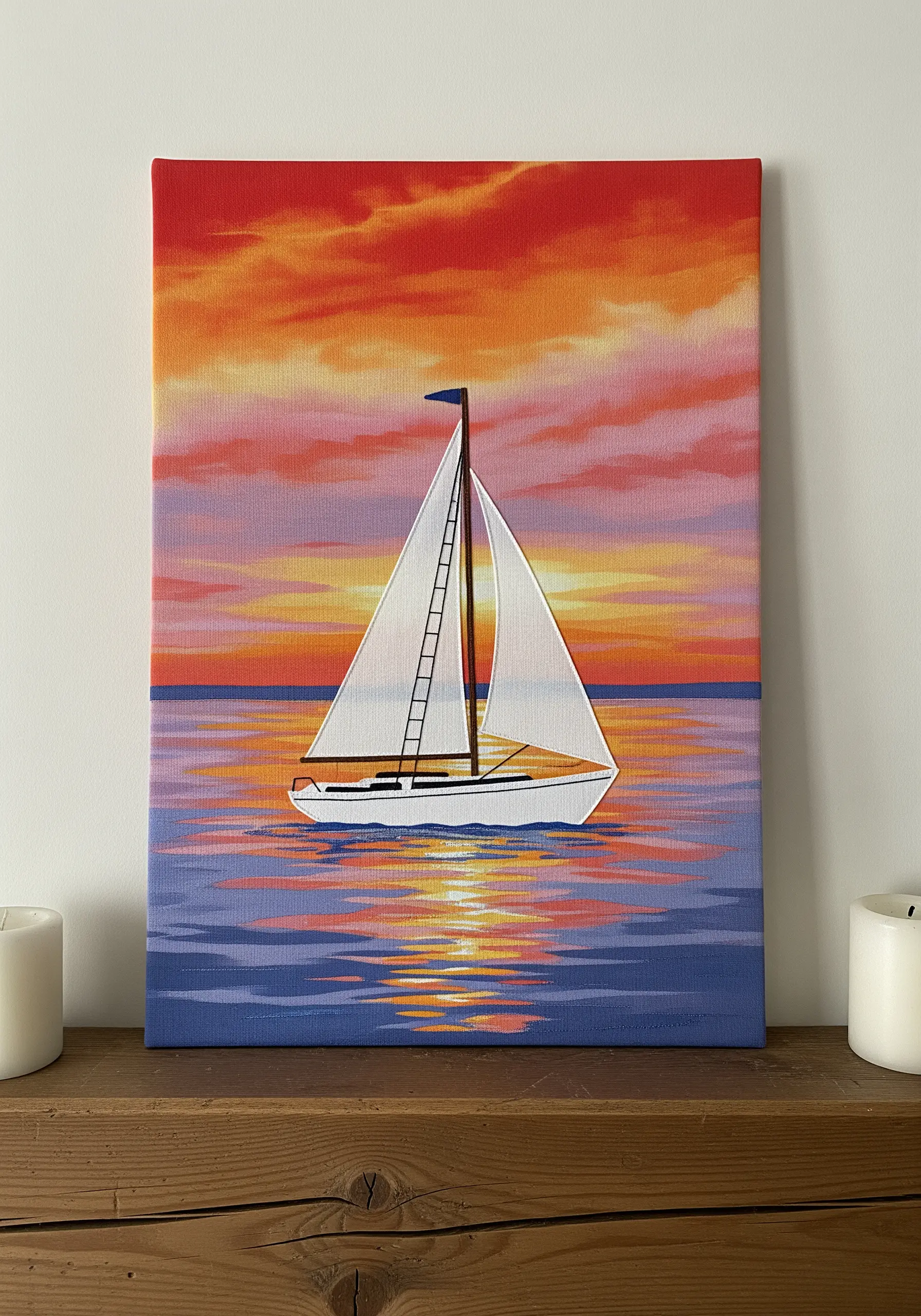 A sailboat with fabric appliqué sails stitched onto a painted canvas of a vibrant sunset.