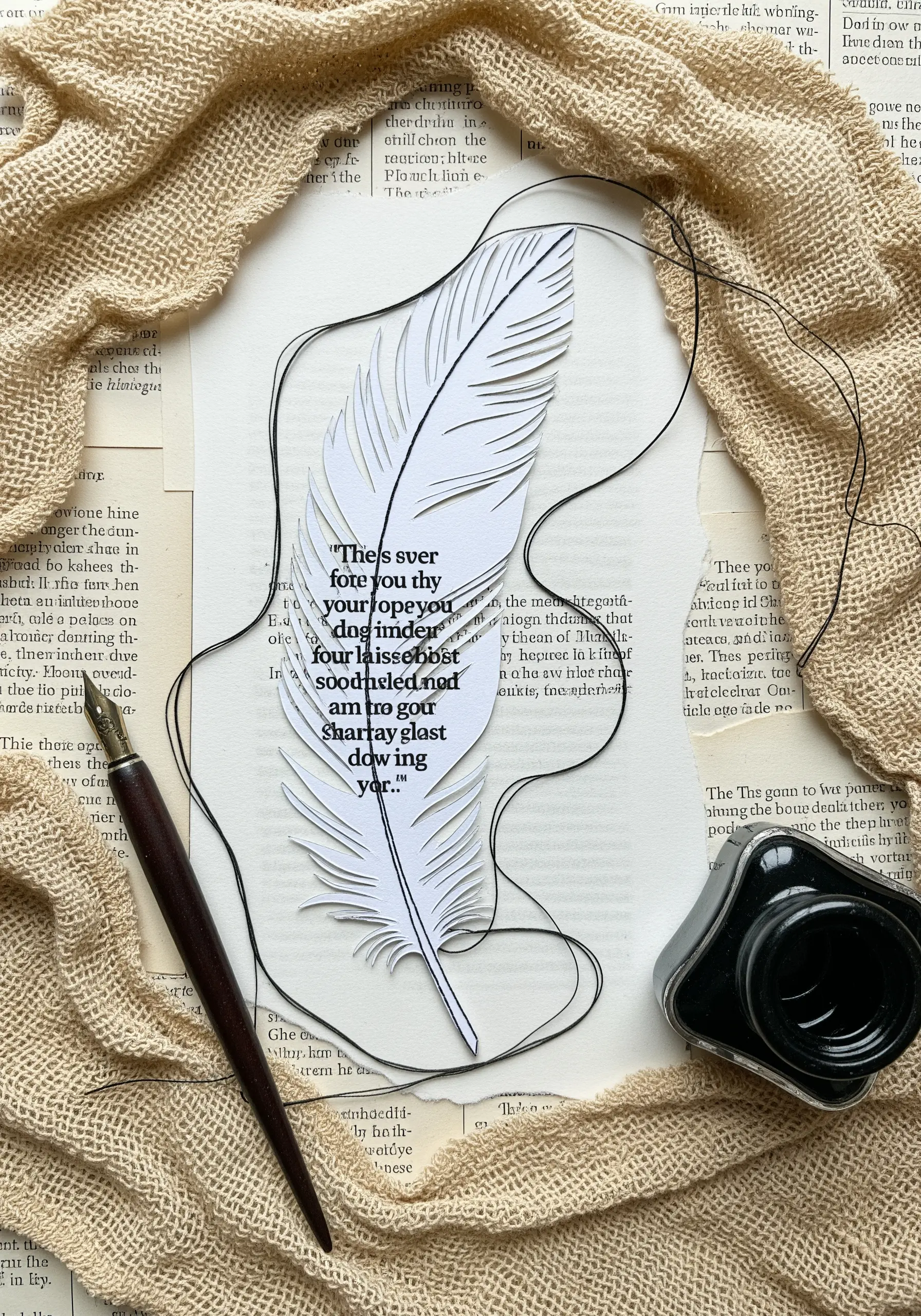 A paper feather cutout with an embroidered quote stitched directly onto its surface