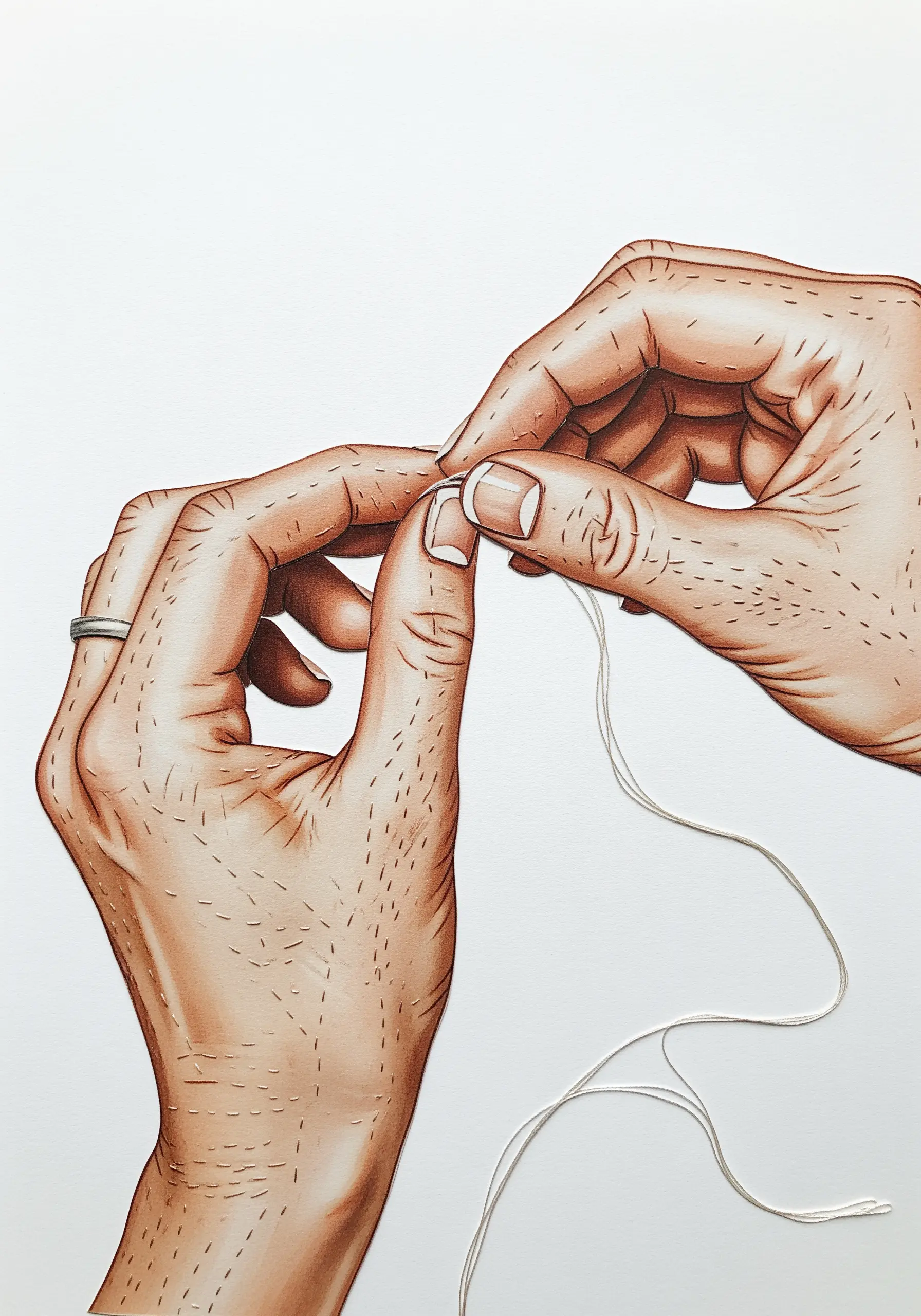 An illustration of hands holding a real piece of white thread that flows off the paper.