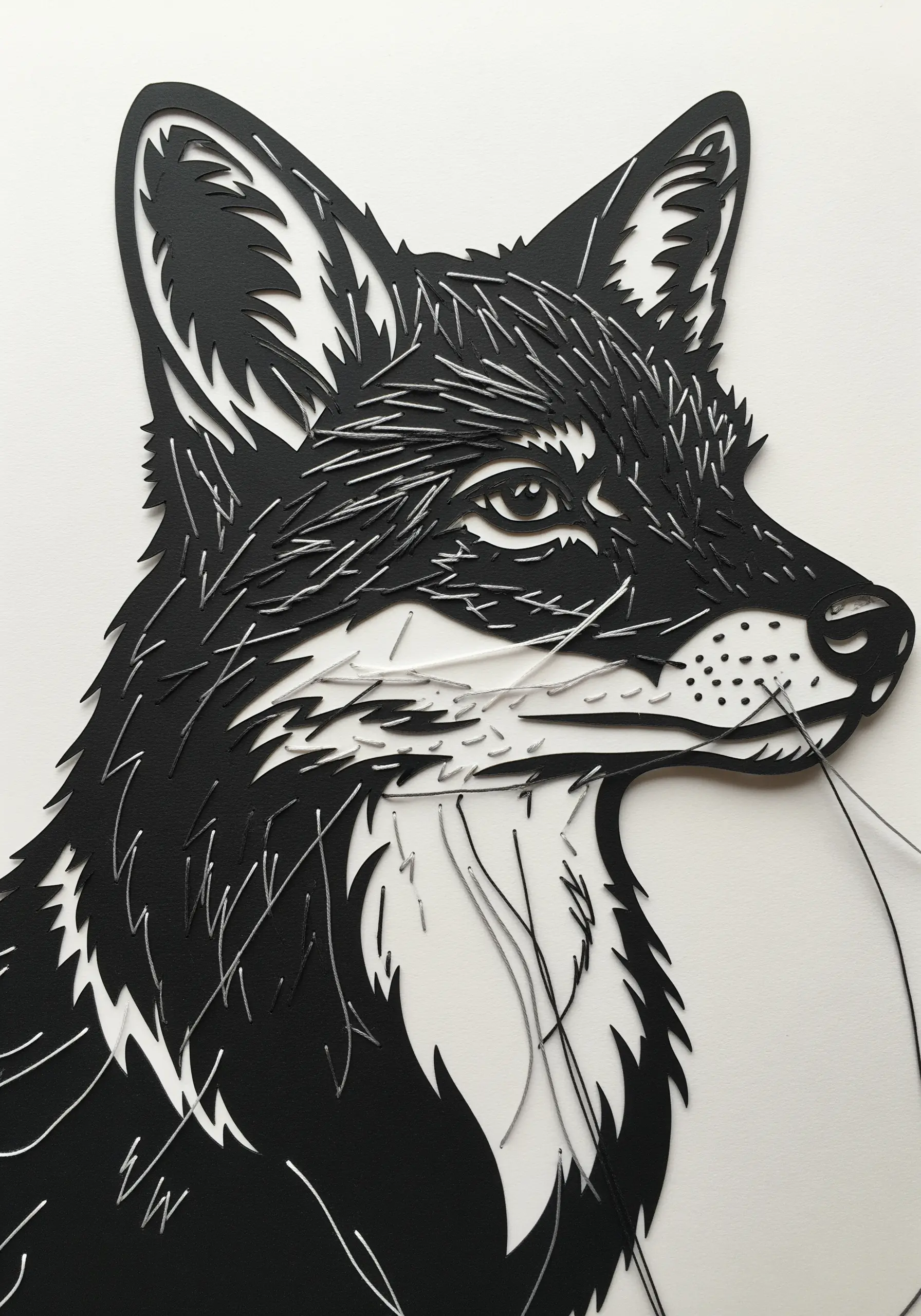 A black papercut portrait of a fox, with fine white and silver threads used for whiskers.
