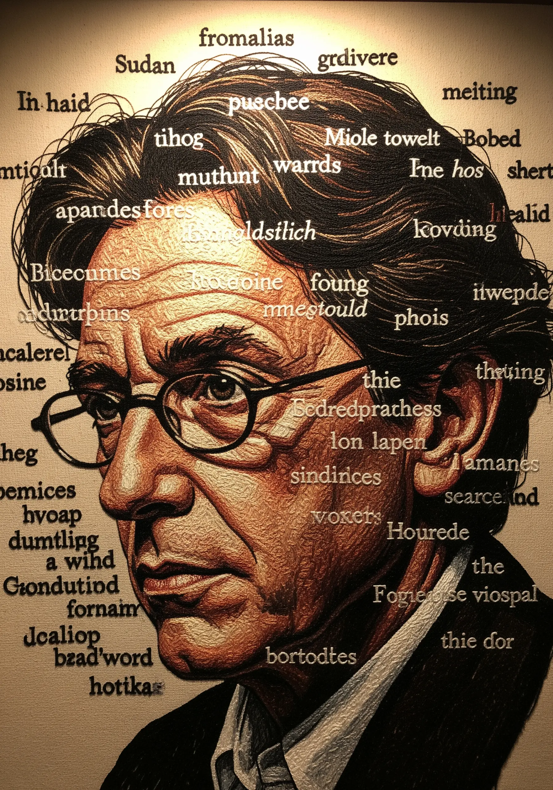 Embroidered portrait of a man with glasses, overlaid with scattered stitched words.
