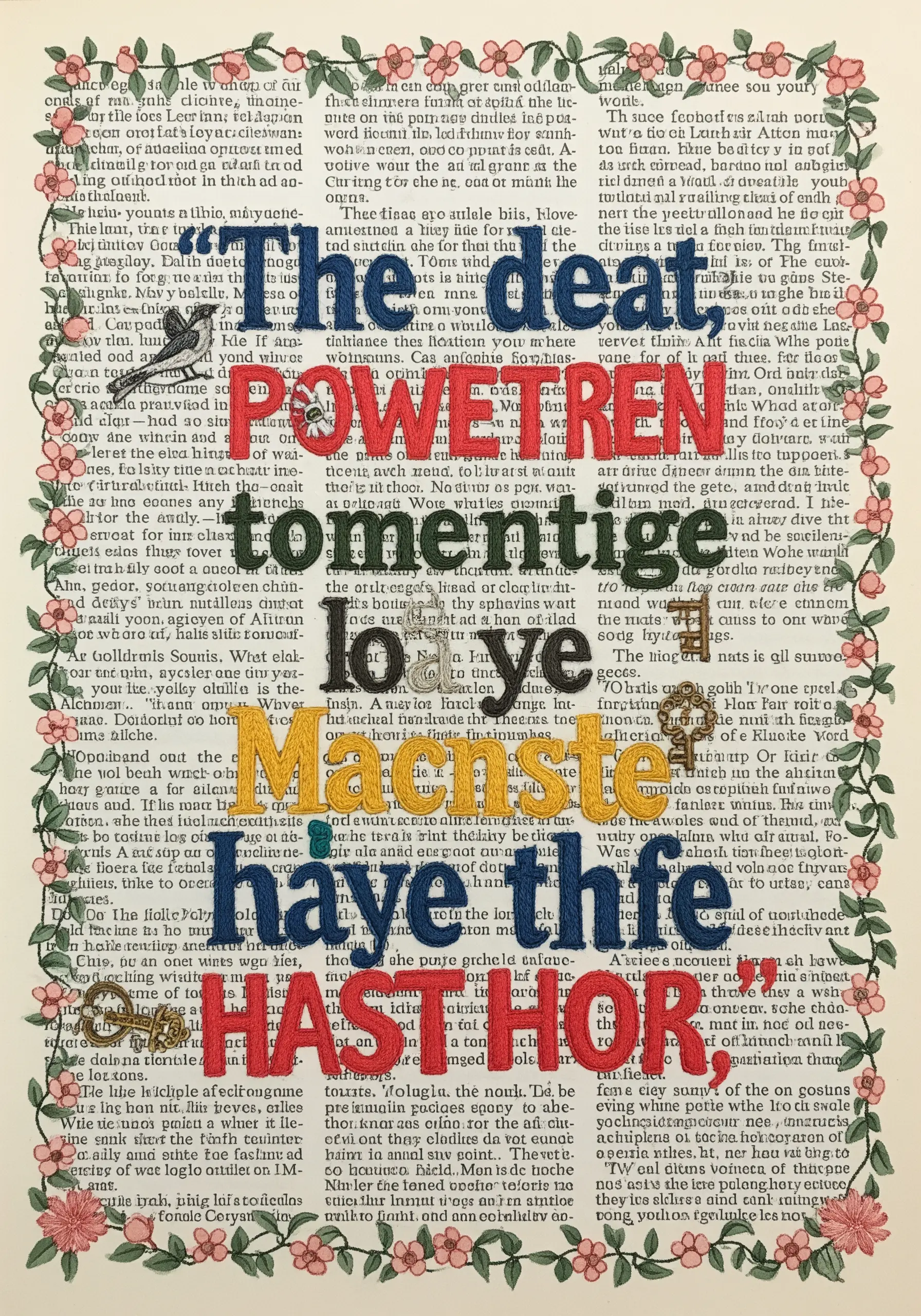 An illuminated manuscript style page with large, satin-stitched letters over printed text.