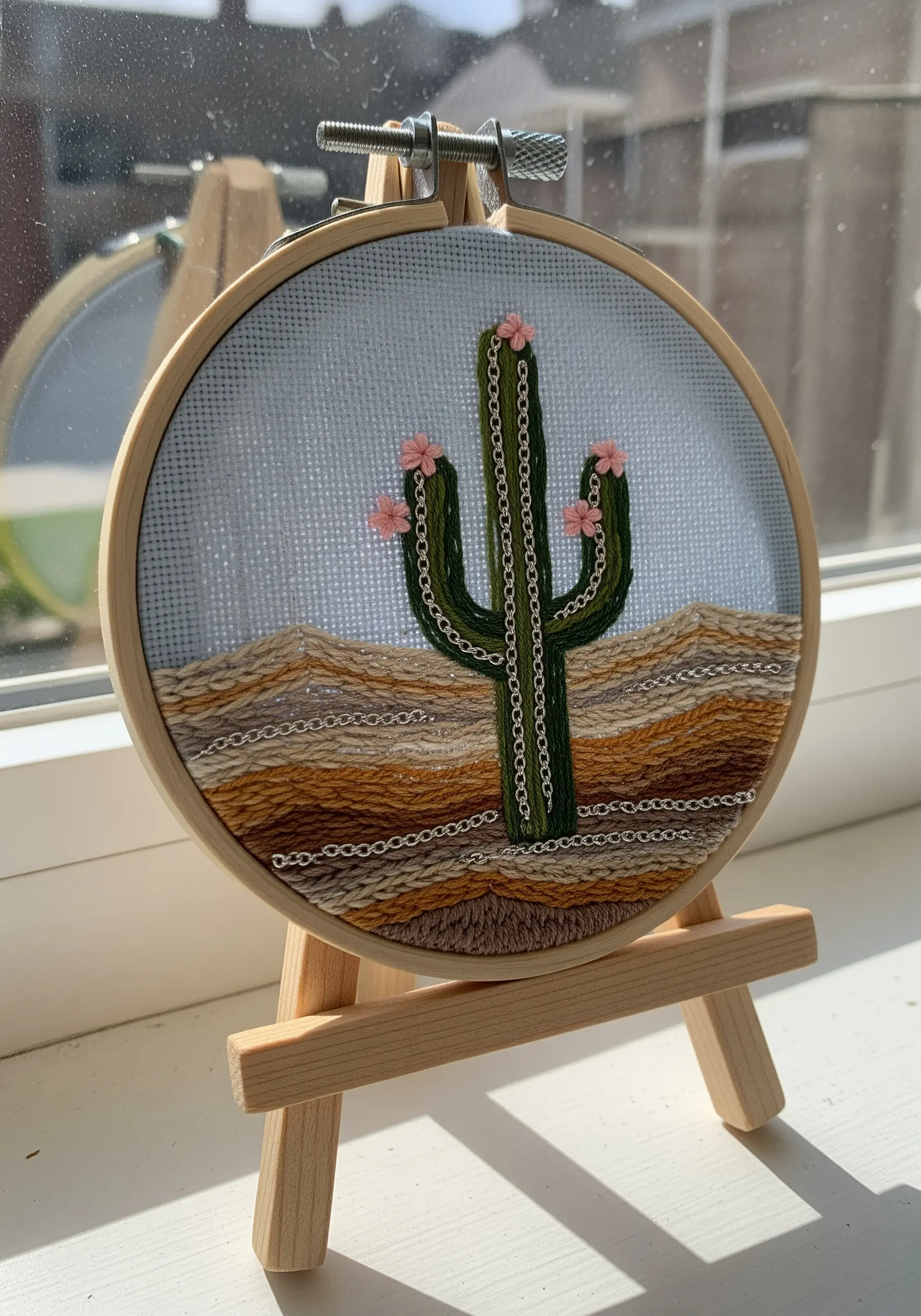 Embroidered cactus hoop art with fine silver chain couched onto the design.