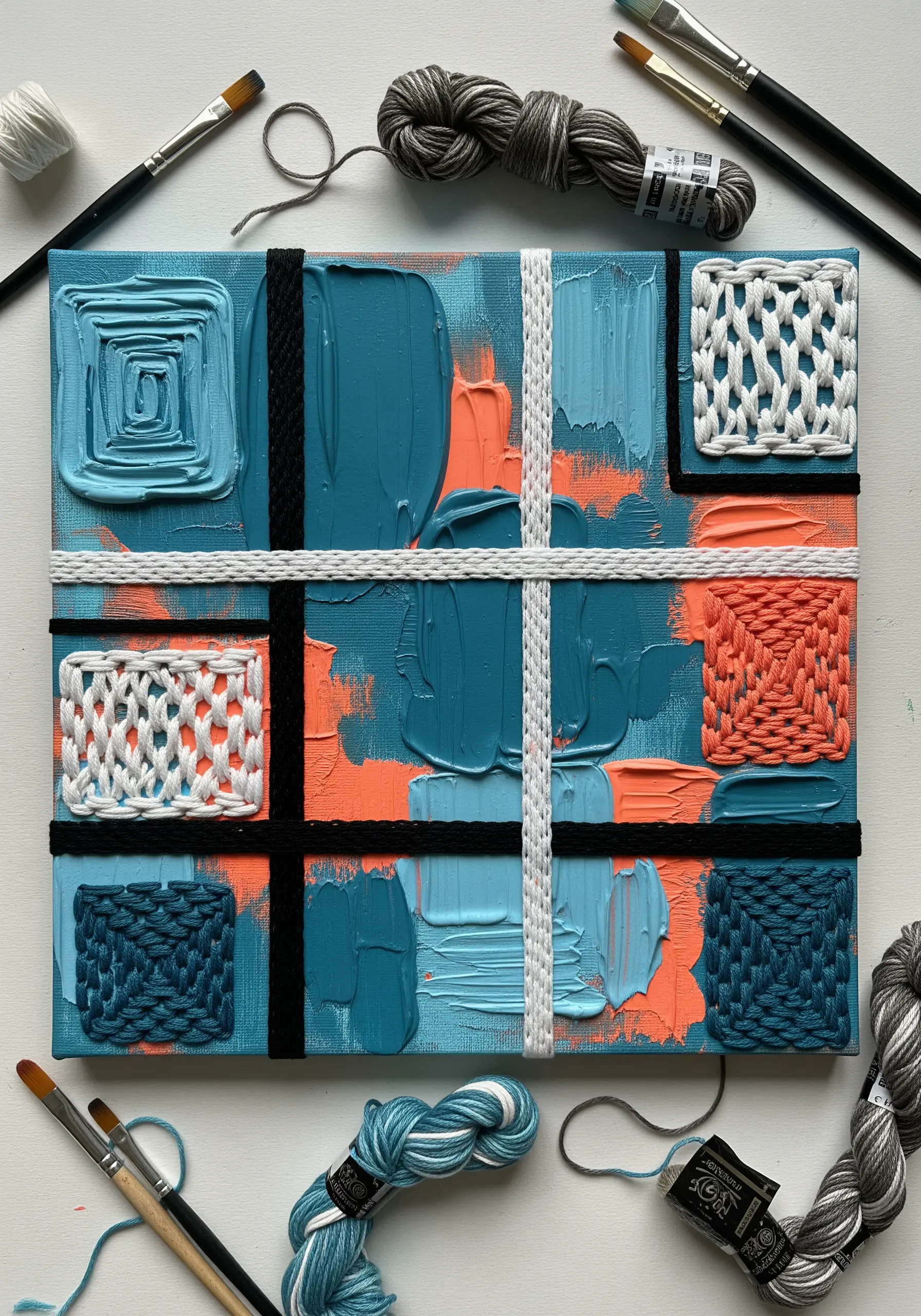 Abstract painted canvas with woven yarn sections in teal, orange, and white.