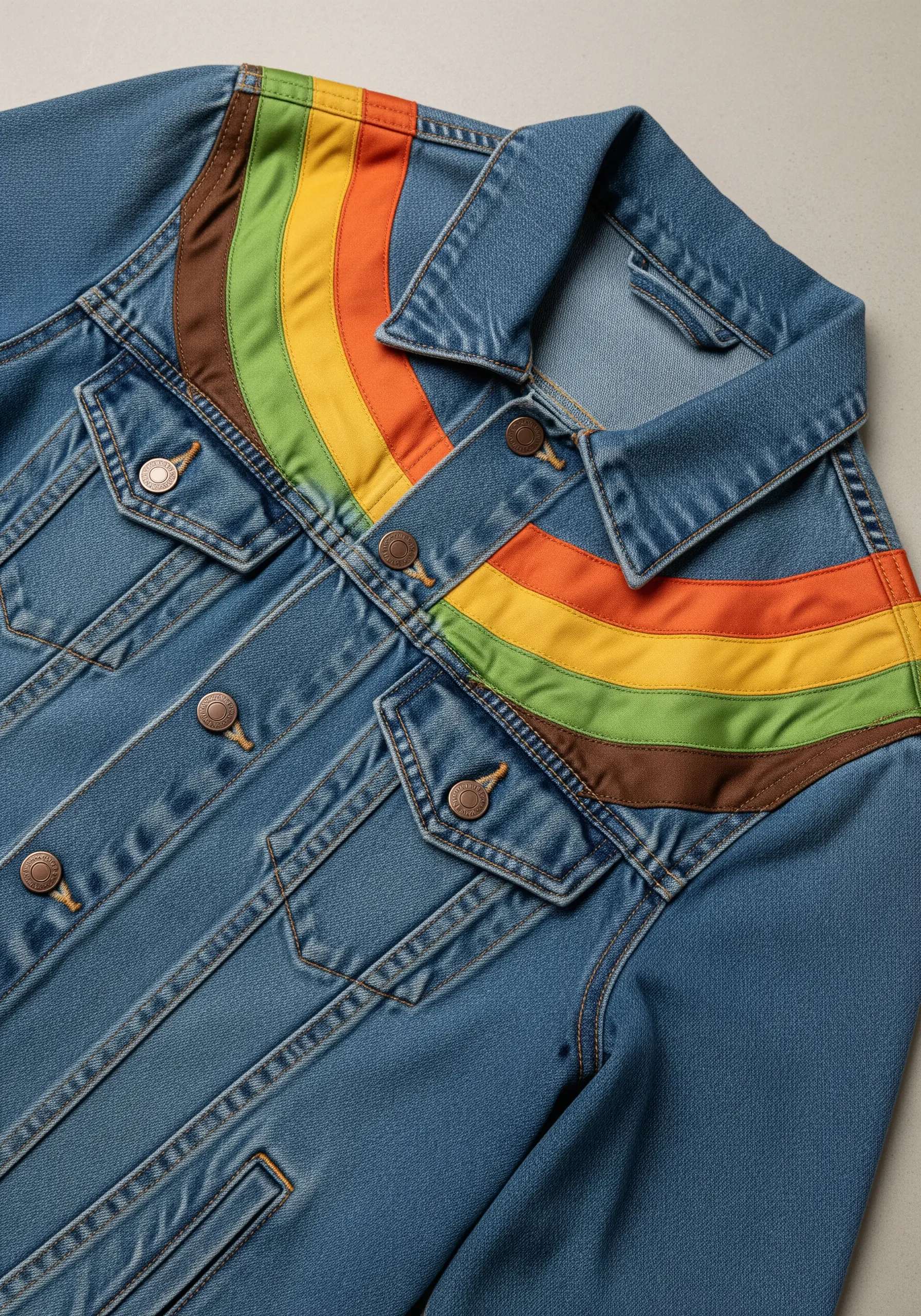 Retro striped appliqué in earth tones following the shoulder seams of a denim jacket.