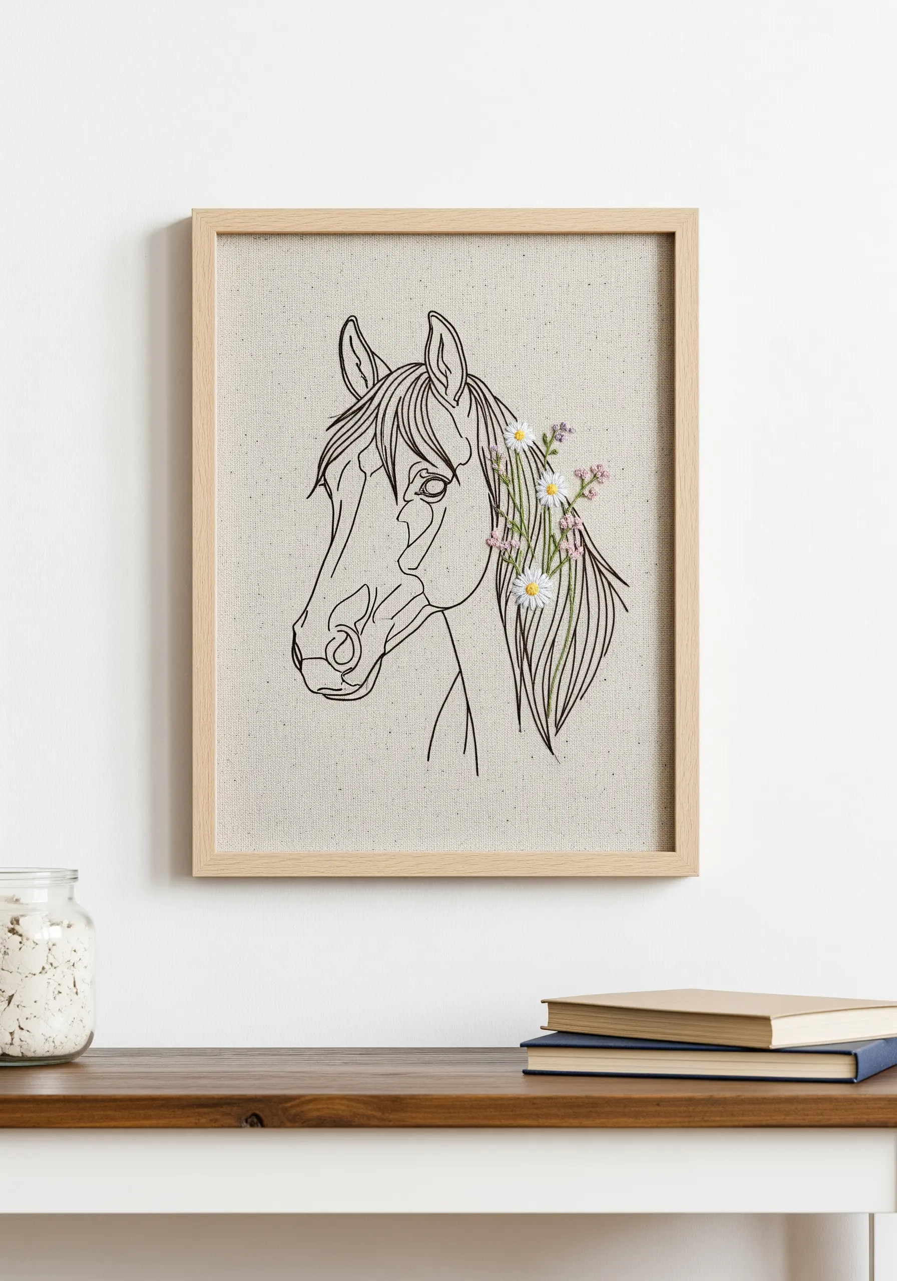 Line art horse portrait with small, colorful embroidered flowers in its mane.
