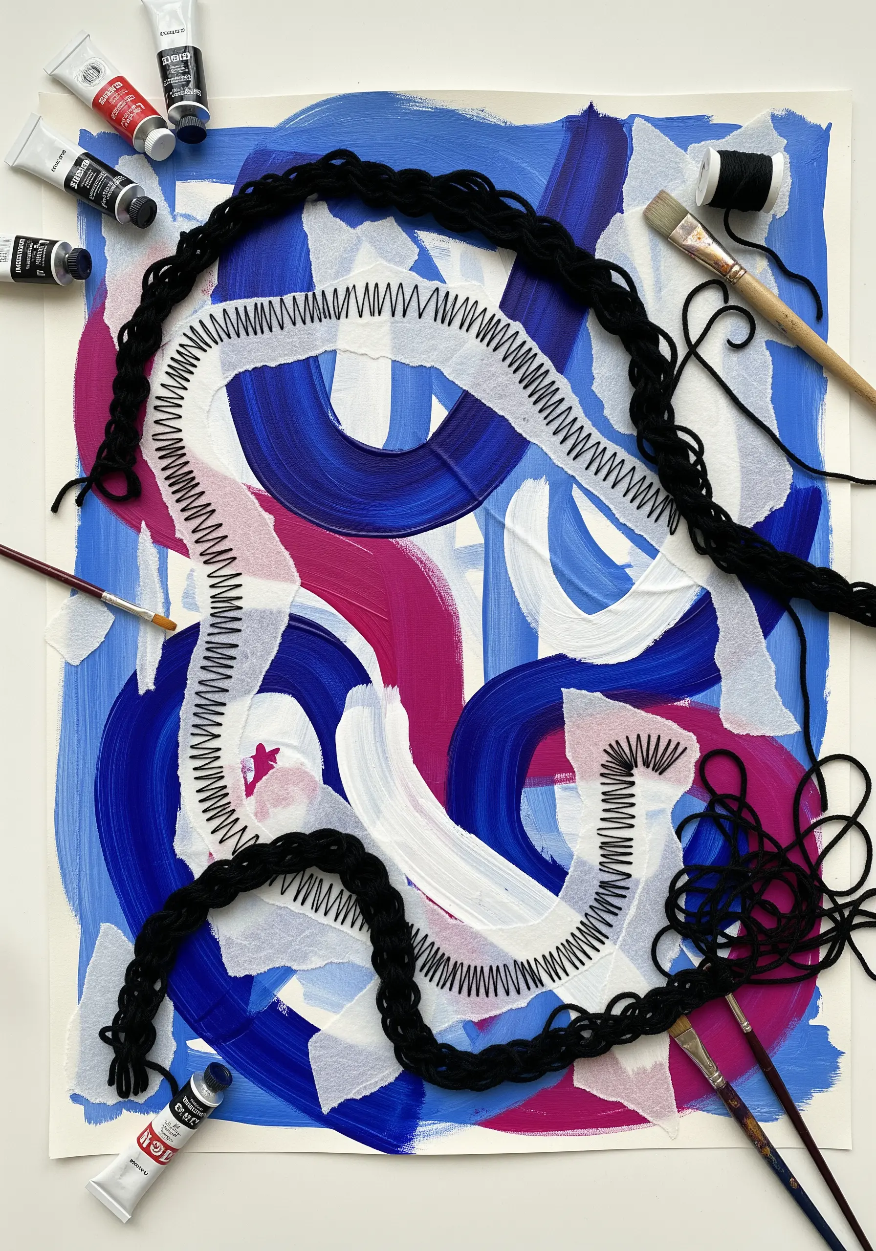 Abstract painting on paper with couched black yarn and zigzag stitching.