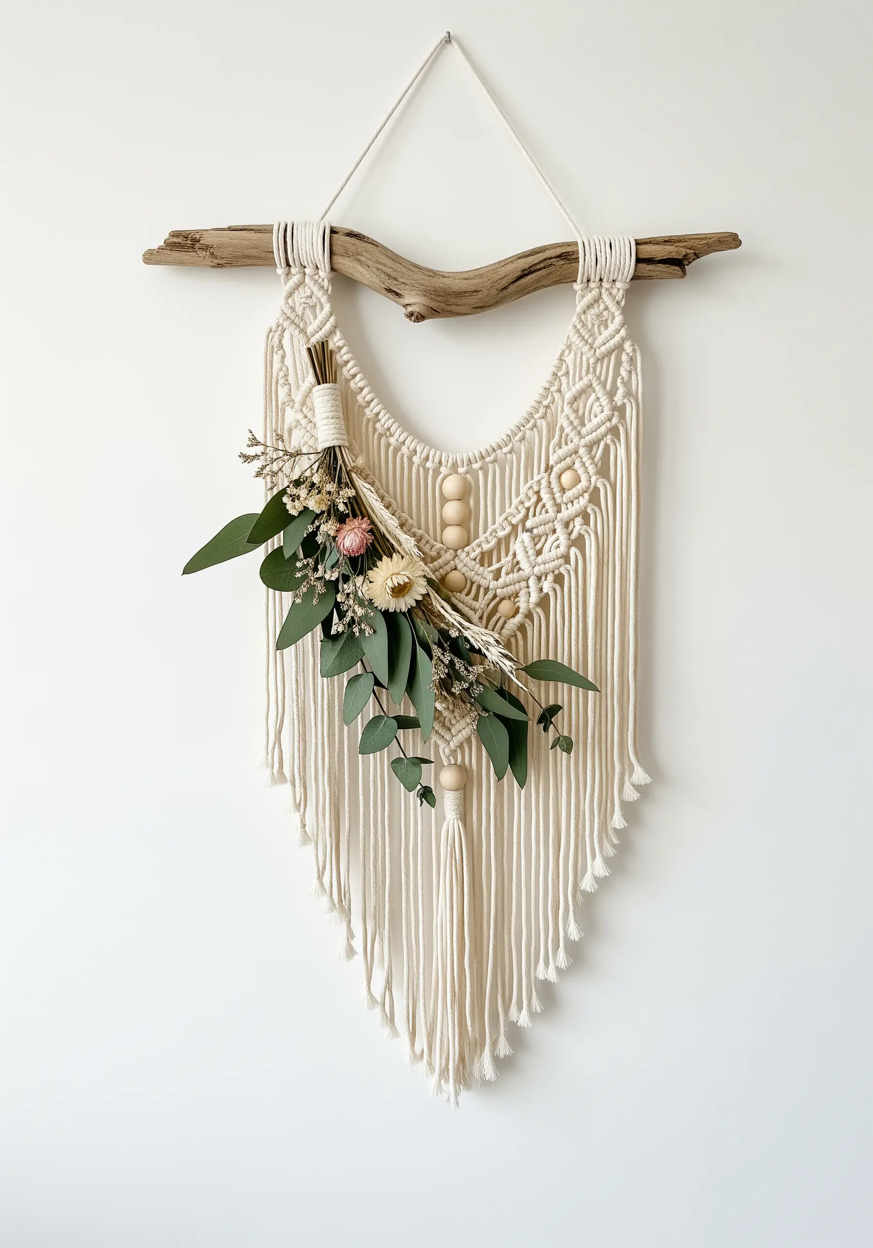 A macrame wall hanging on a piece of driftwood, embellished with a bouquet of dried flowers.