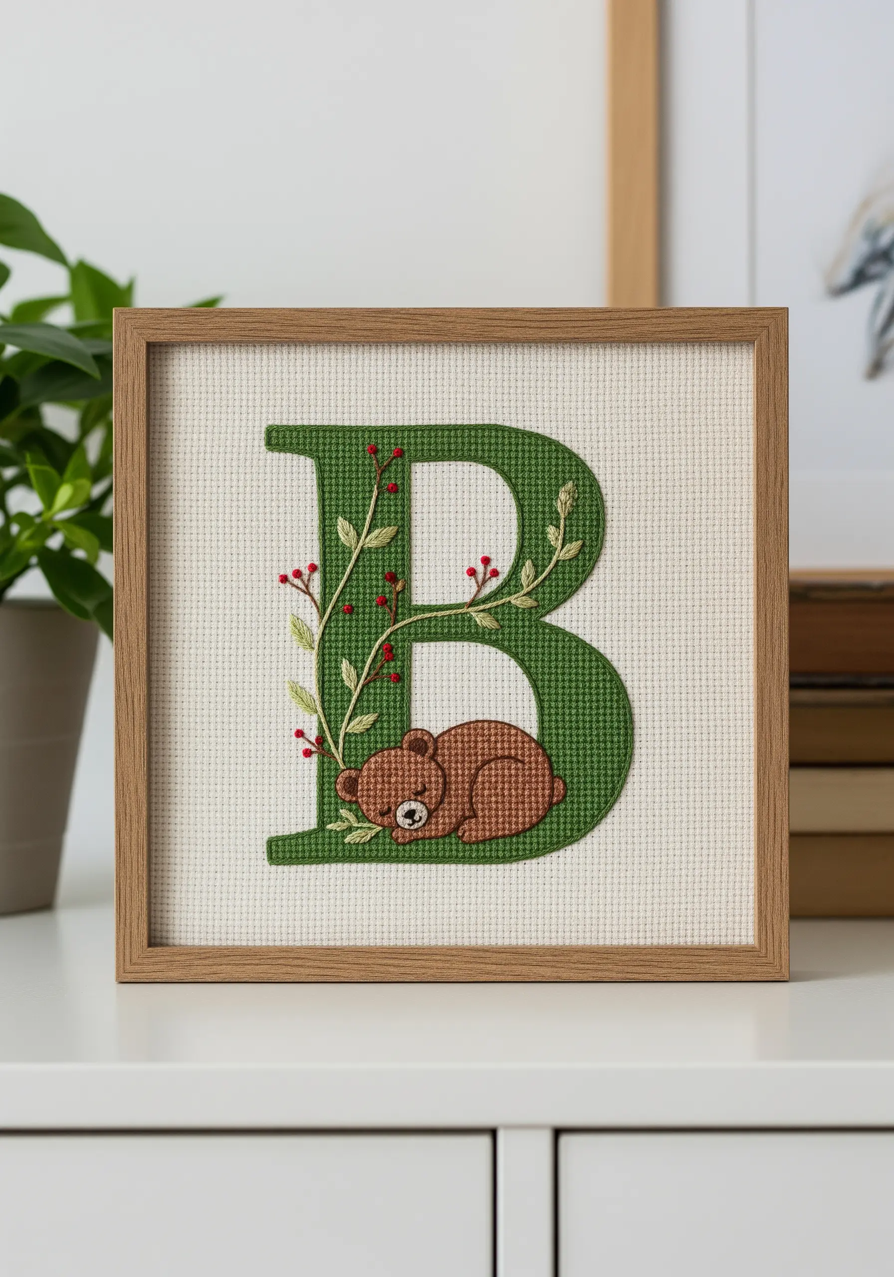 Embroidered 'B' monogram with a sleeping bear and botanical vine details.