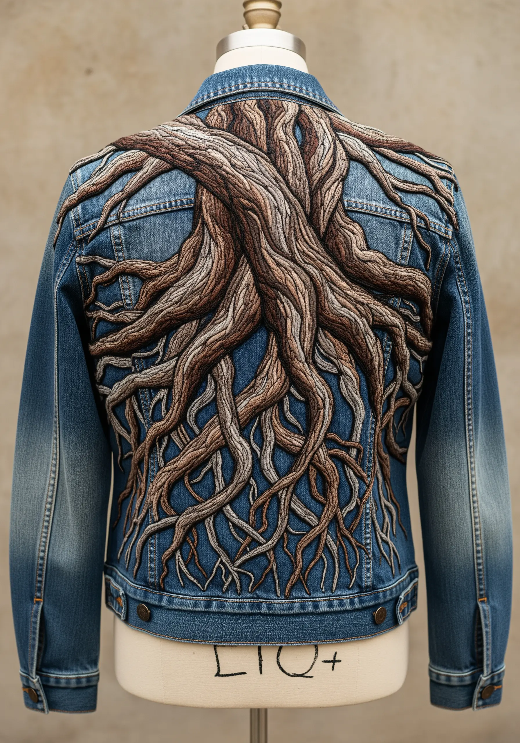 The back of a denim jacket heavily embroidered with realistic tree roots.