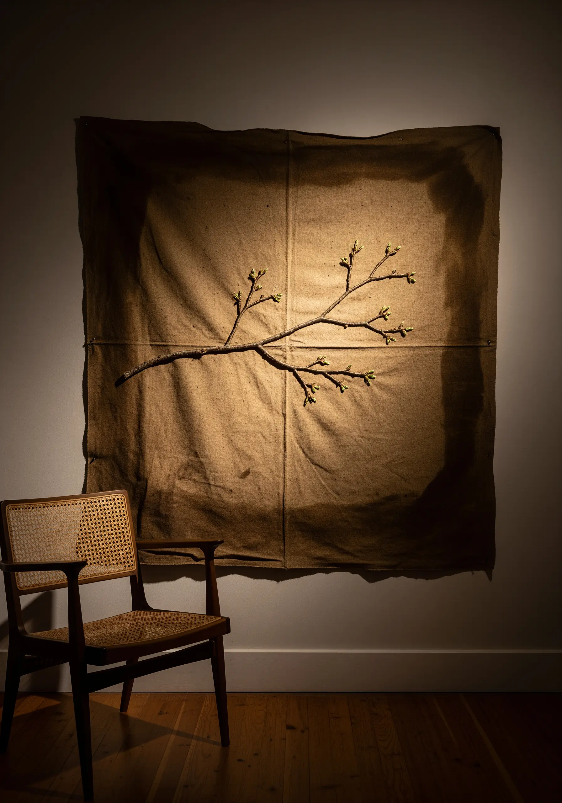 A real branch attached to a canvas, with tiny embroidered leaves stitched at its tips.