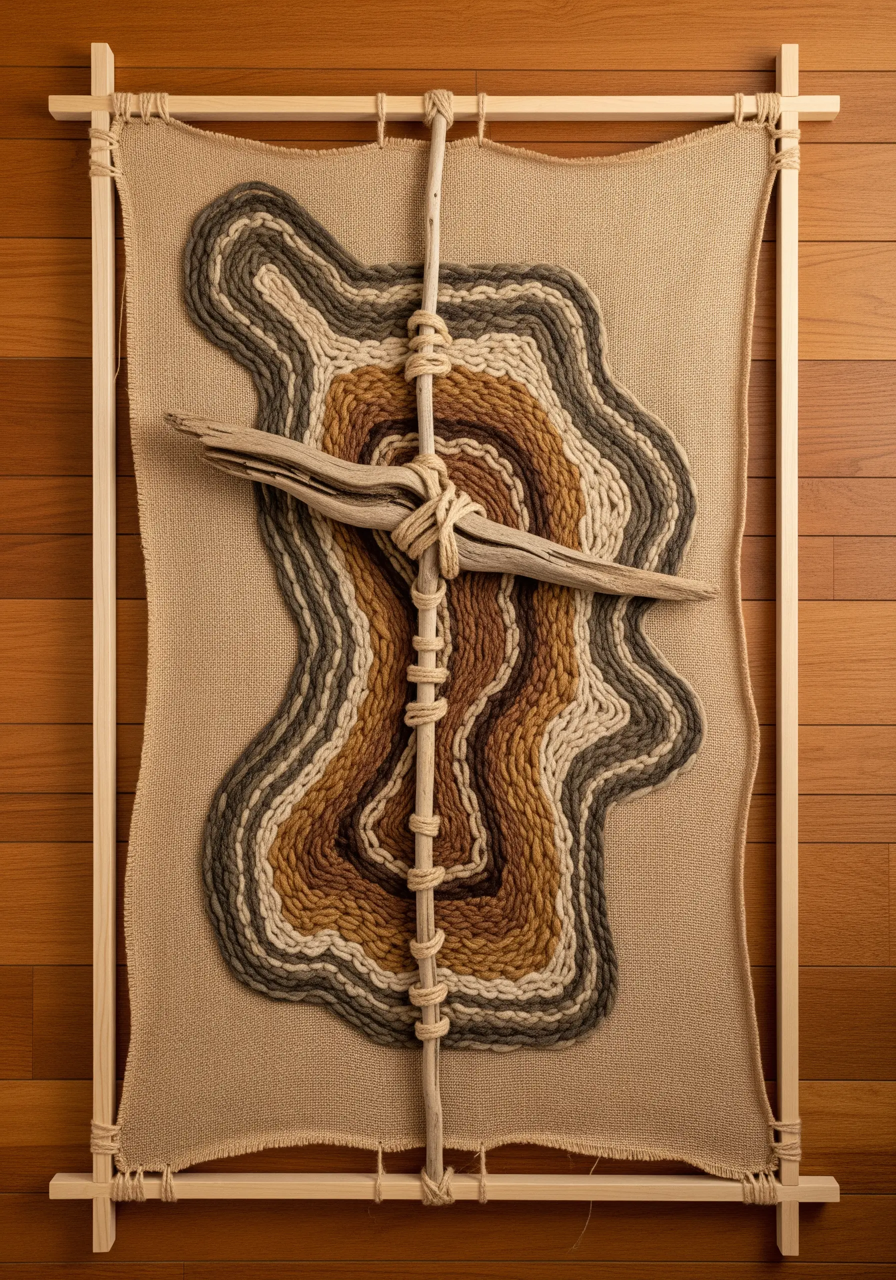 A fiber art piece with driftwood secured to burlap, surrounded by concentric lines of stitched yarn.