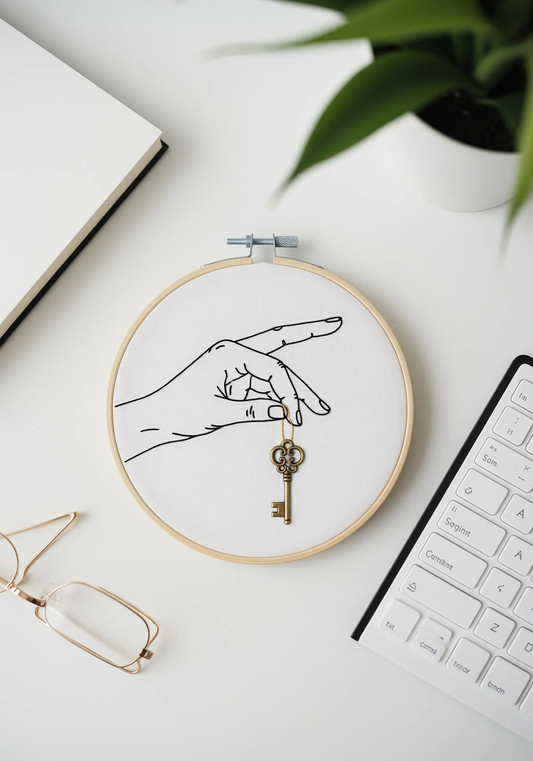 A line art embroidered hand with a real, small antique key stitched to its fingers.