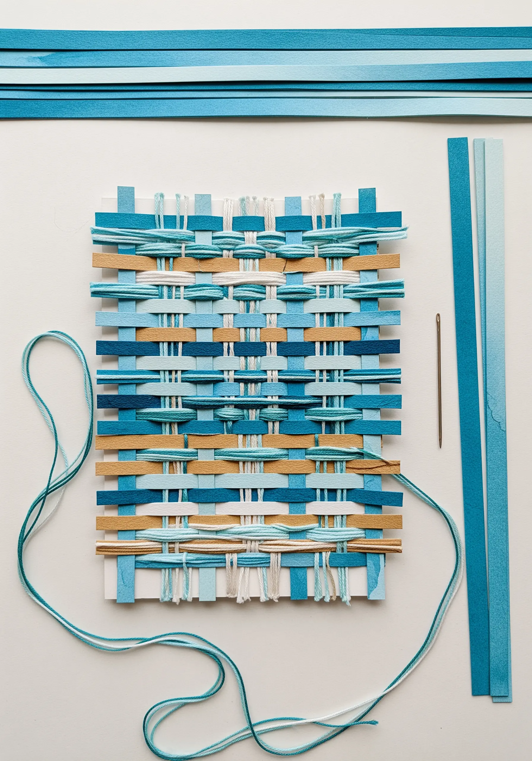 Blue and tan paper strips woven together with integrated embroidery thread.