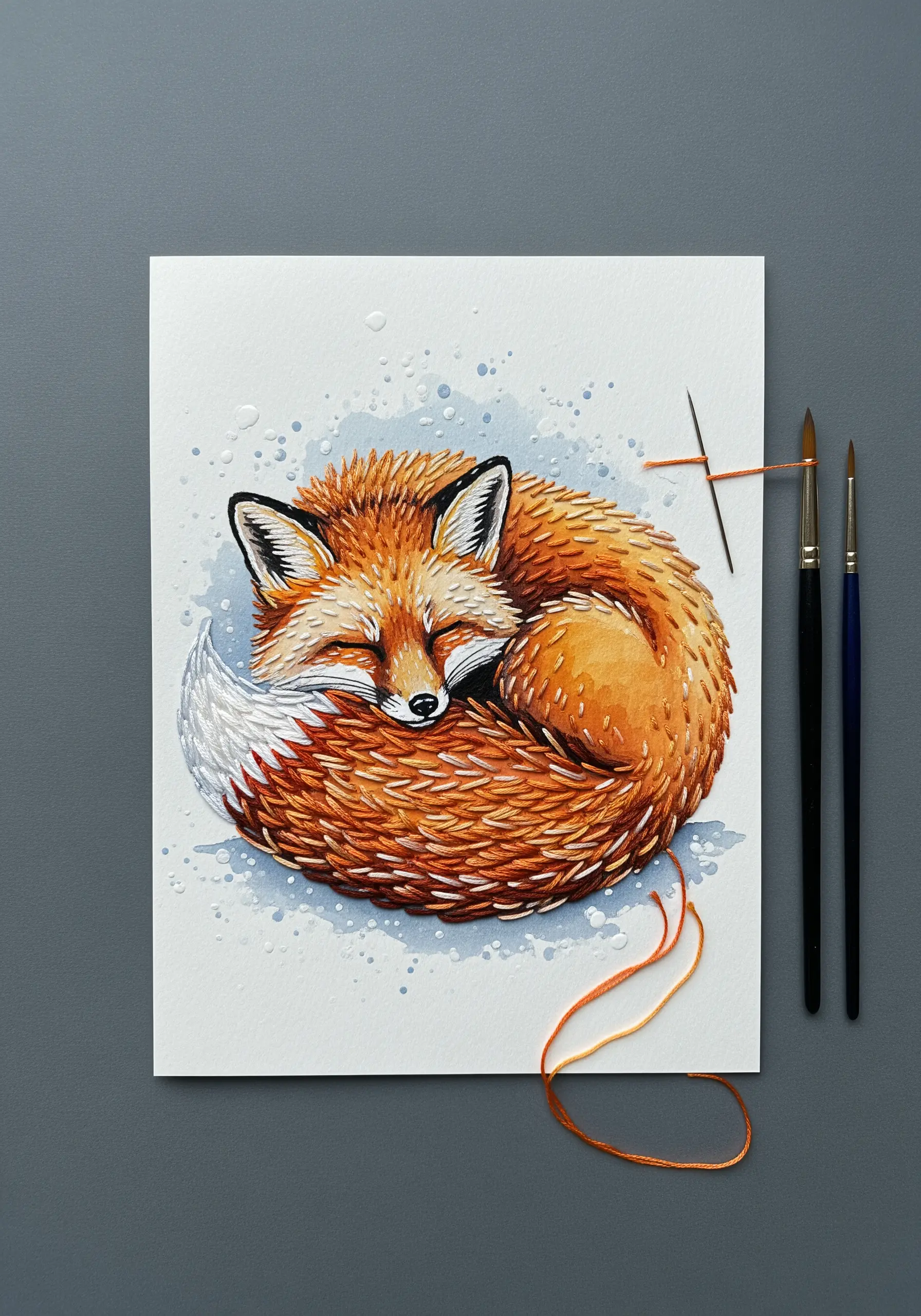 Watercolor fox illustration with thread painting details creating fur texture.
