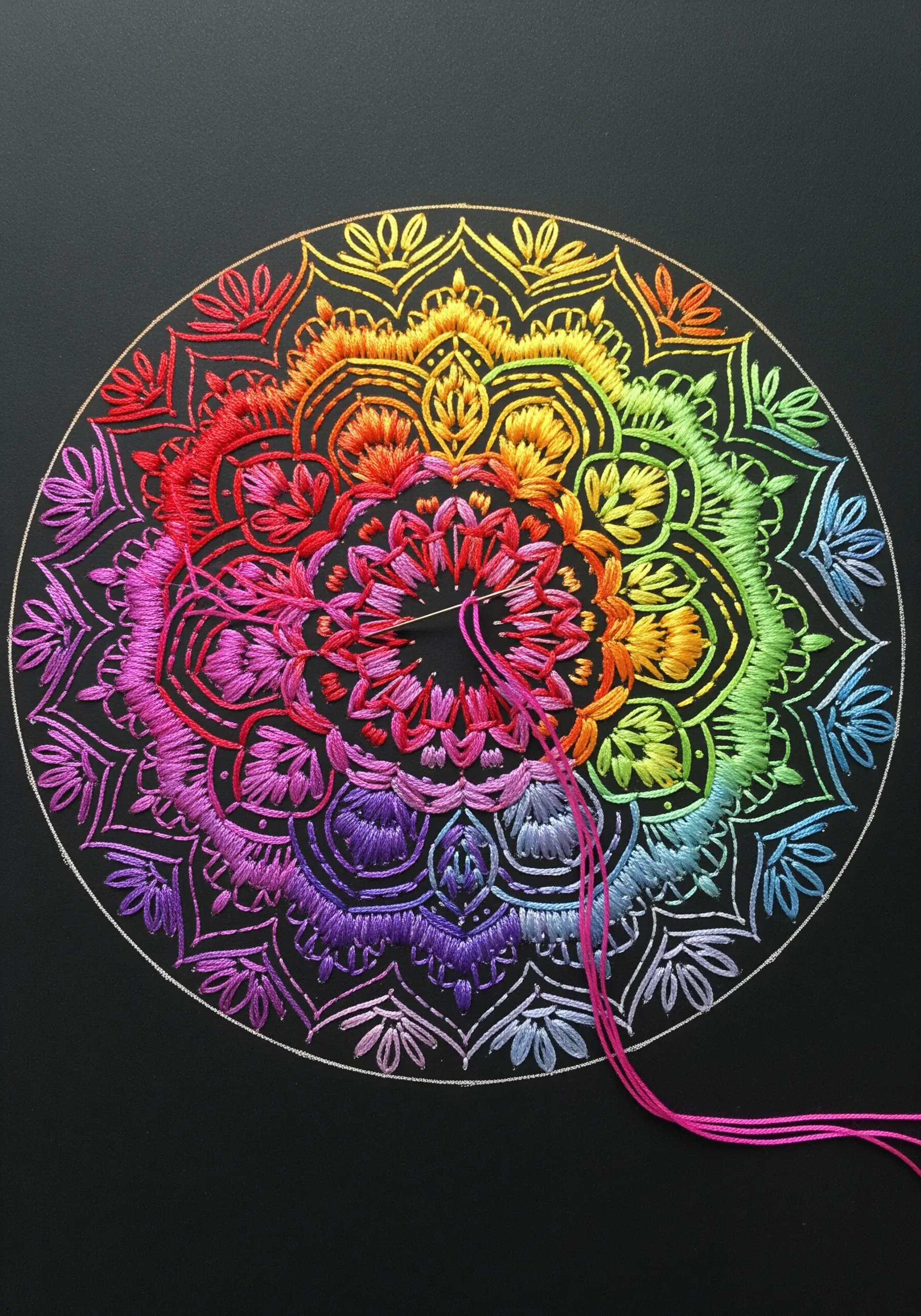 A vibrant rainbow mandala being embroidered with satin stitches on black cardstock.