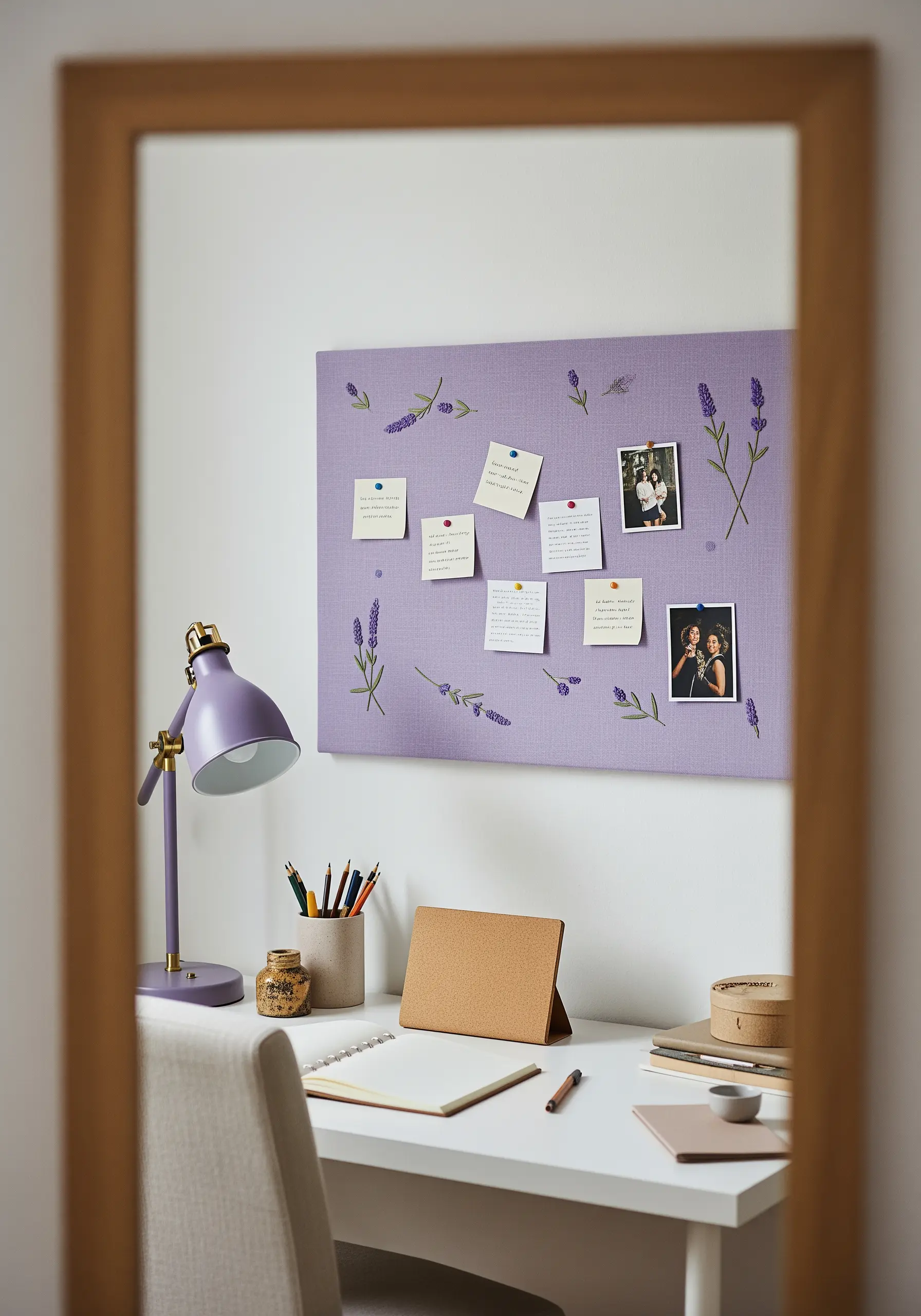 A lavender fabric memo board with scattered lavender embroidery, holding notes and photos.