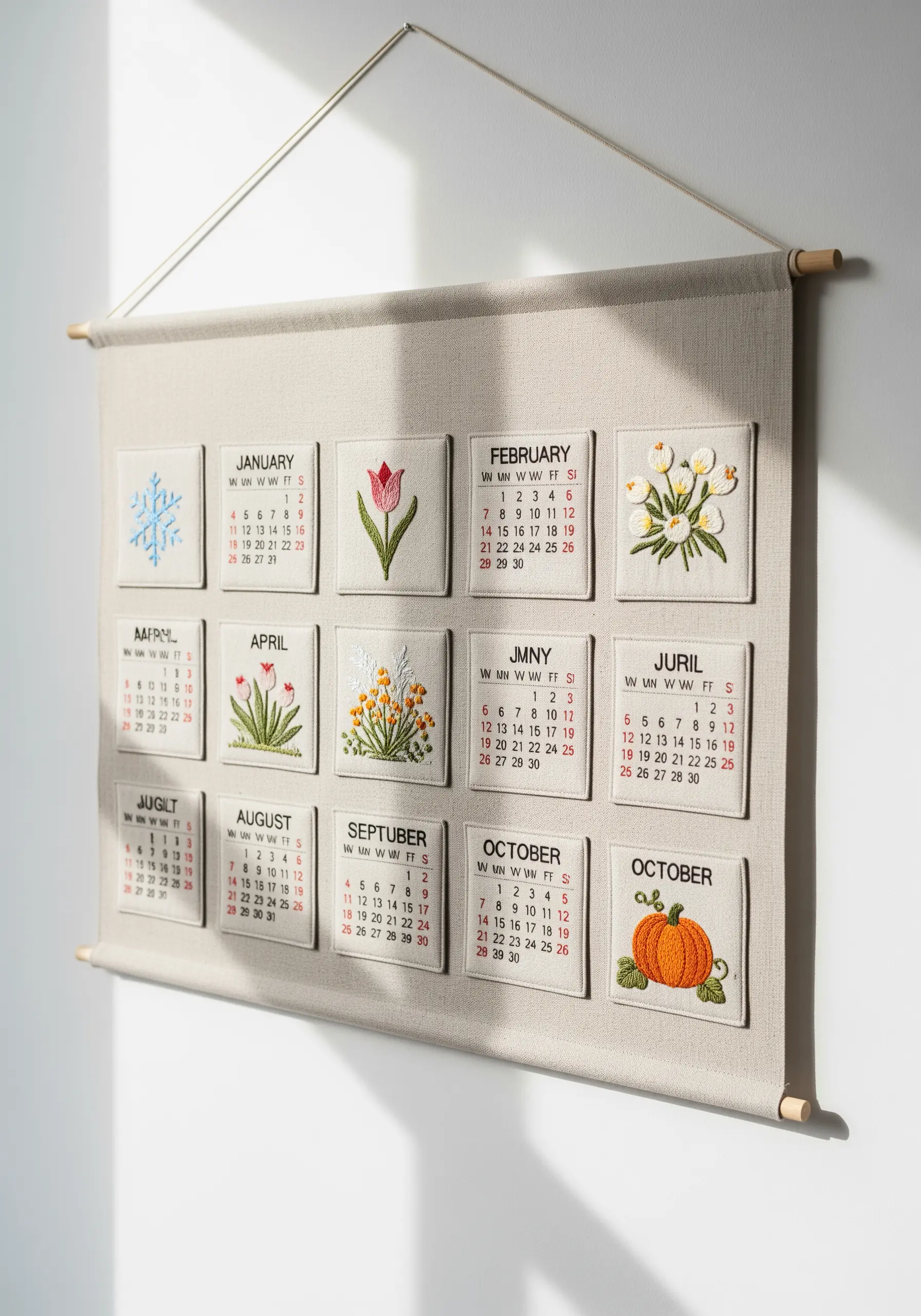 A wall calendar made of fabric with interchangeable embroidered squares for each month.