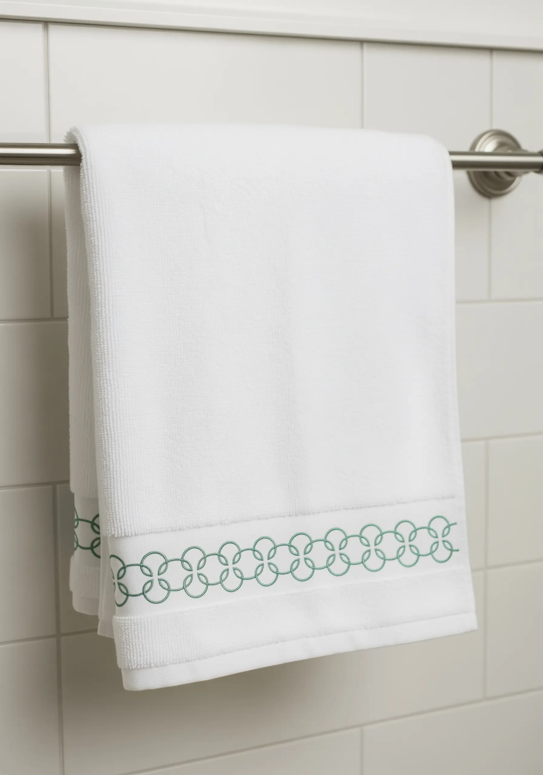 A clean, geometric border of interlocking green circles embroidered on a white hand towel.