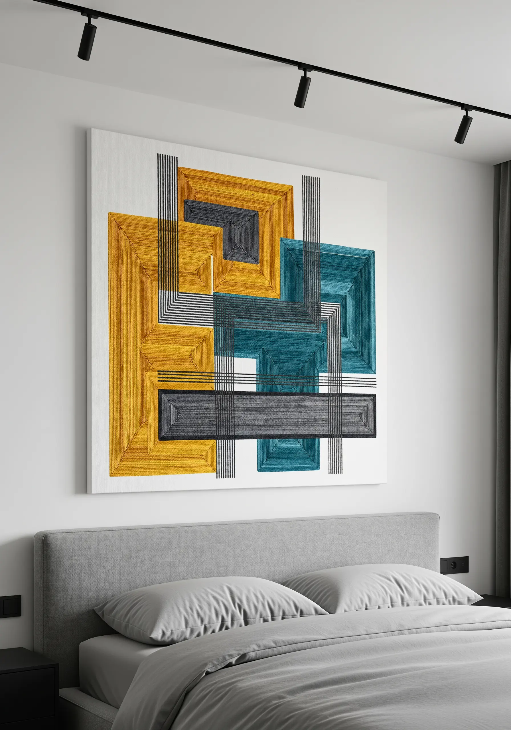 Modern geometric embroidery with interlocking yellow, teal, and black shapes on a white canvas.