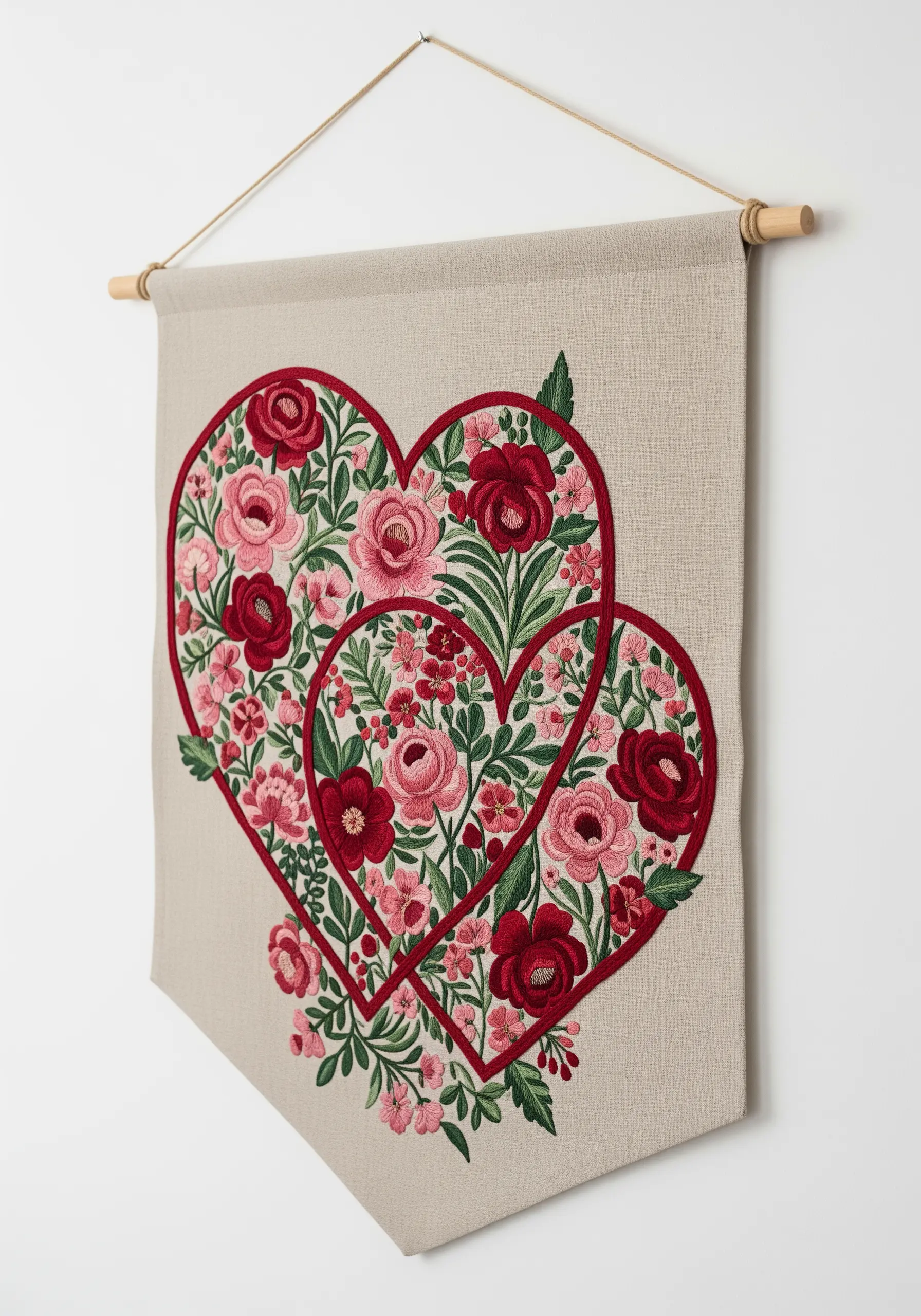 A wall hanging with two interlocking hearts filled with dense floral embroidery.
