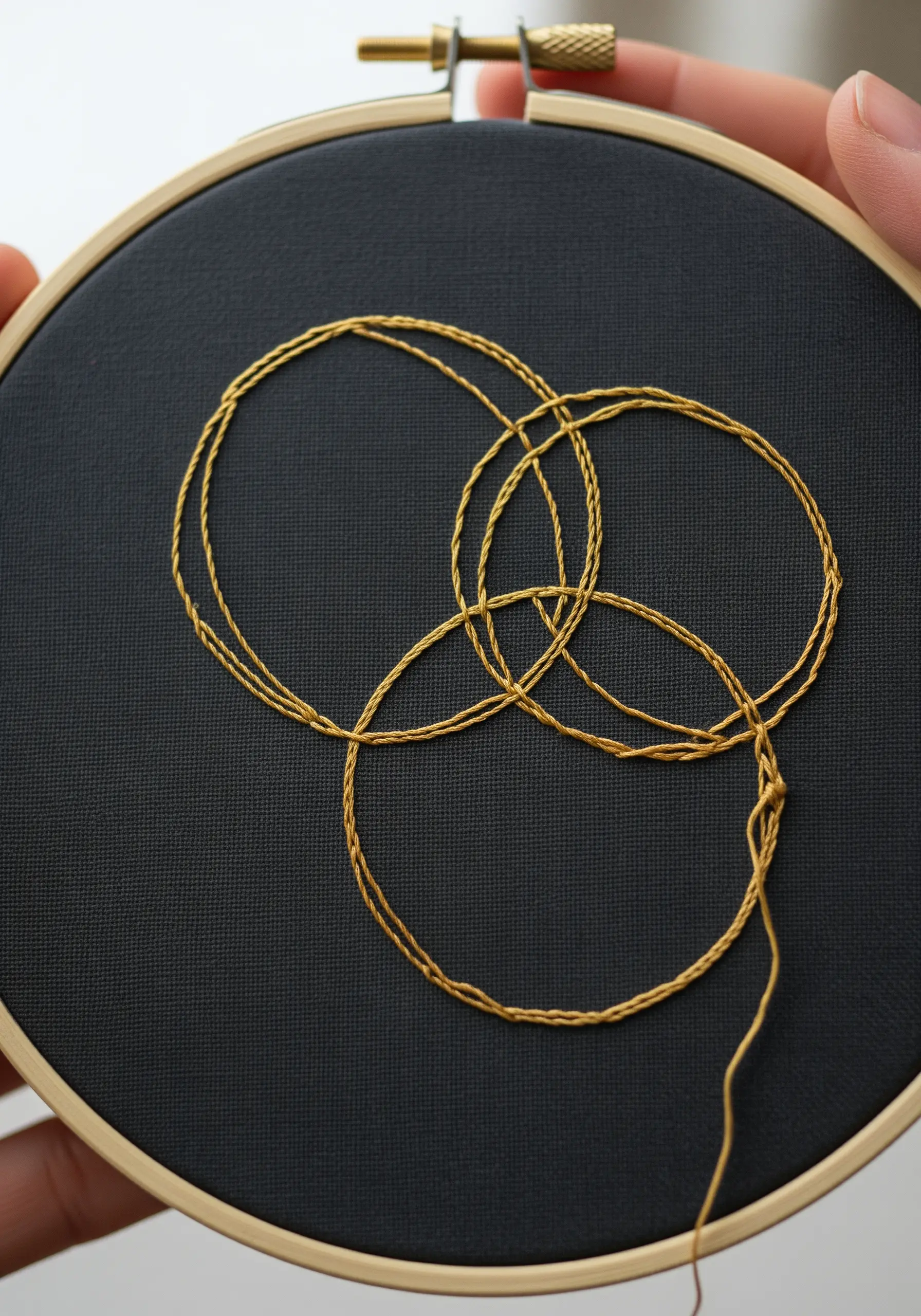 Three interlocking gold metallic thread circles on black fabric.