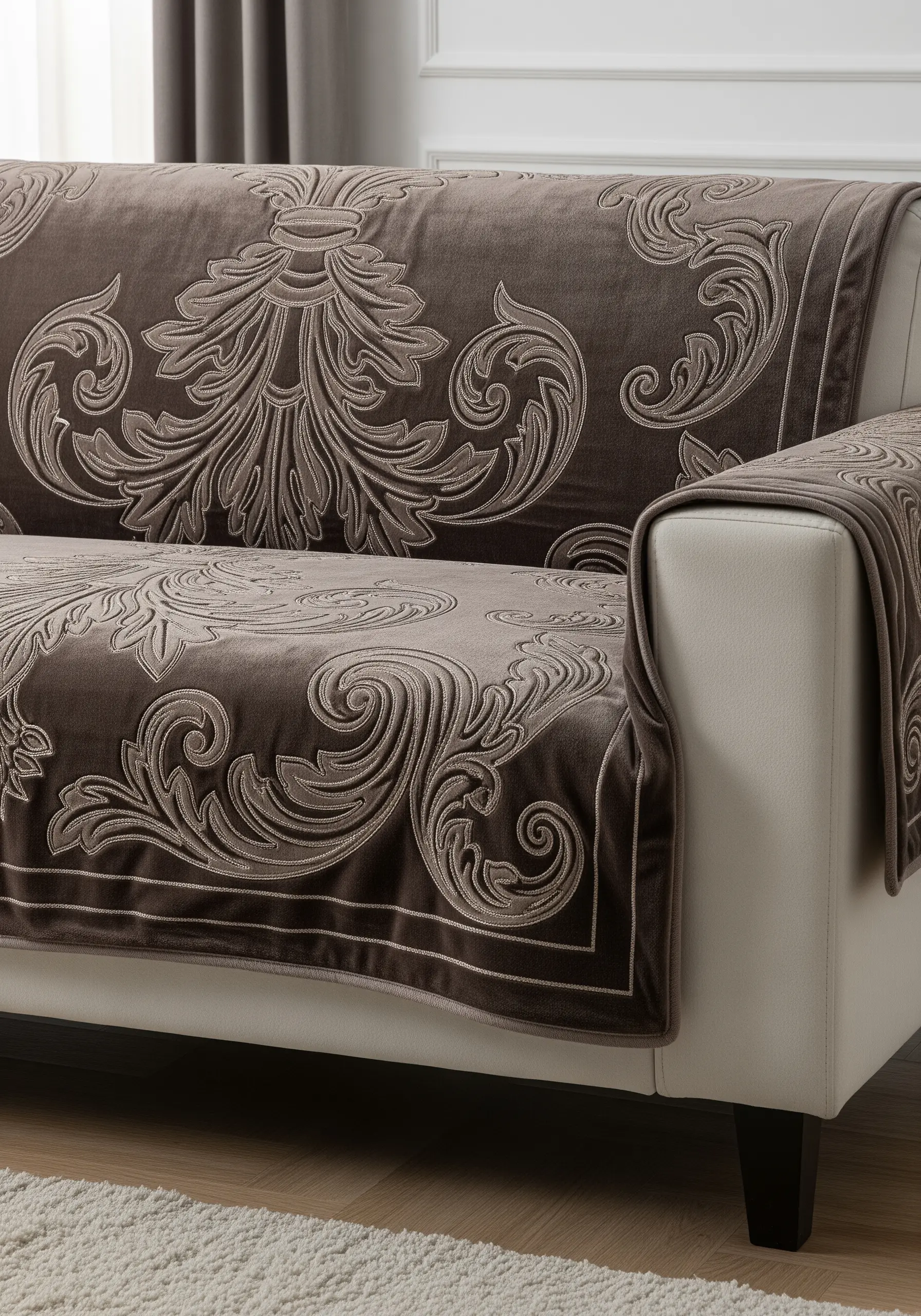 An ornate damask pattern embroidered in light thread on a dark taupe velvet sofa cover.
