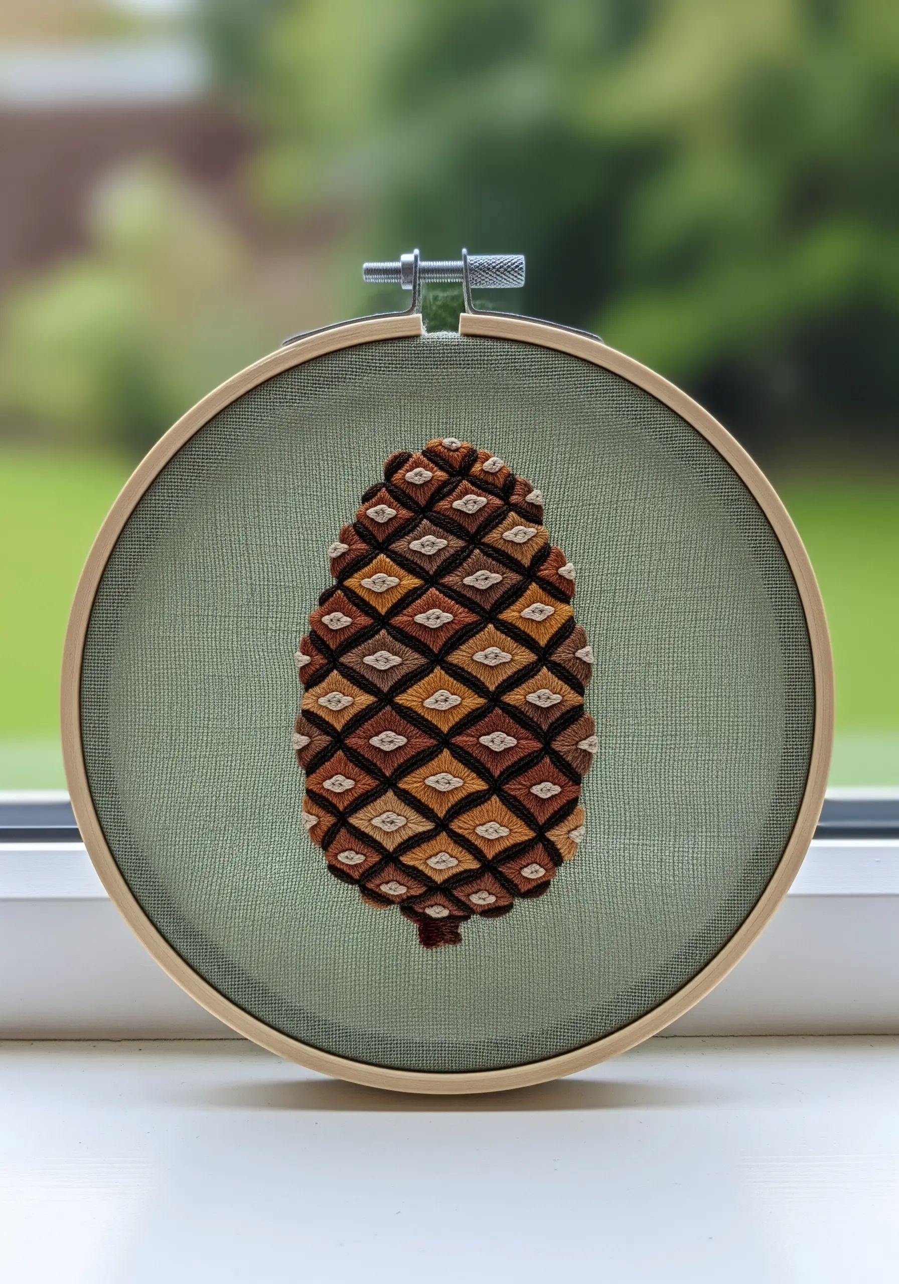 Embroidery hoop with a stylized pinecone made of geometric, diamond-shaped satin stitches.